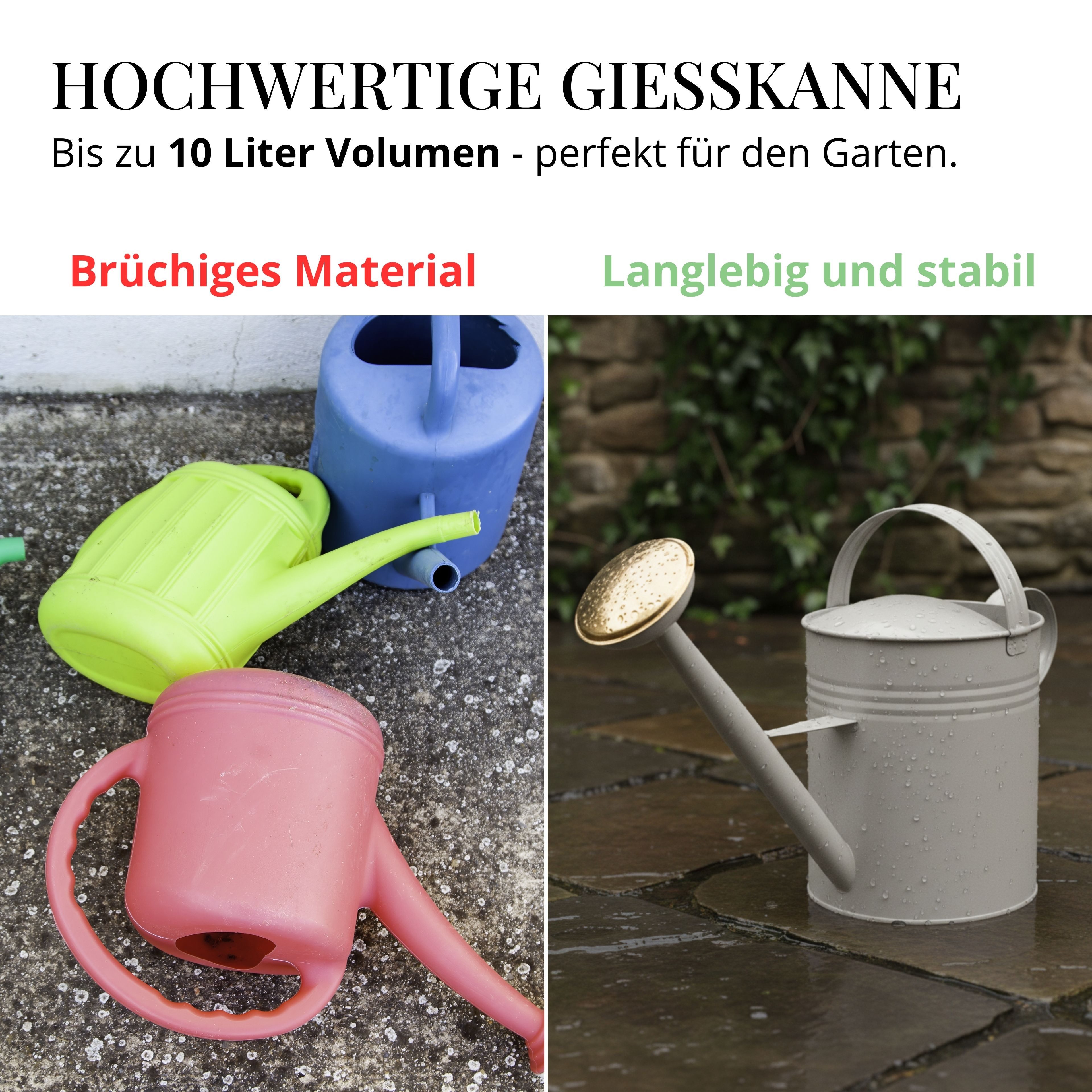 LIVLIG Gießkanne 10 Liter (Giesskanne Metall mit 2 Henkeln, Abnehmbarer Brausekopf), Gießkanne 10L, Gießkanne Vintage, Blumengießkanne