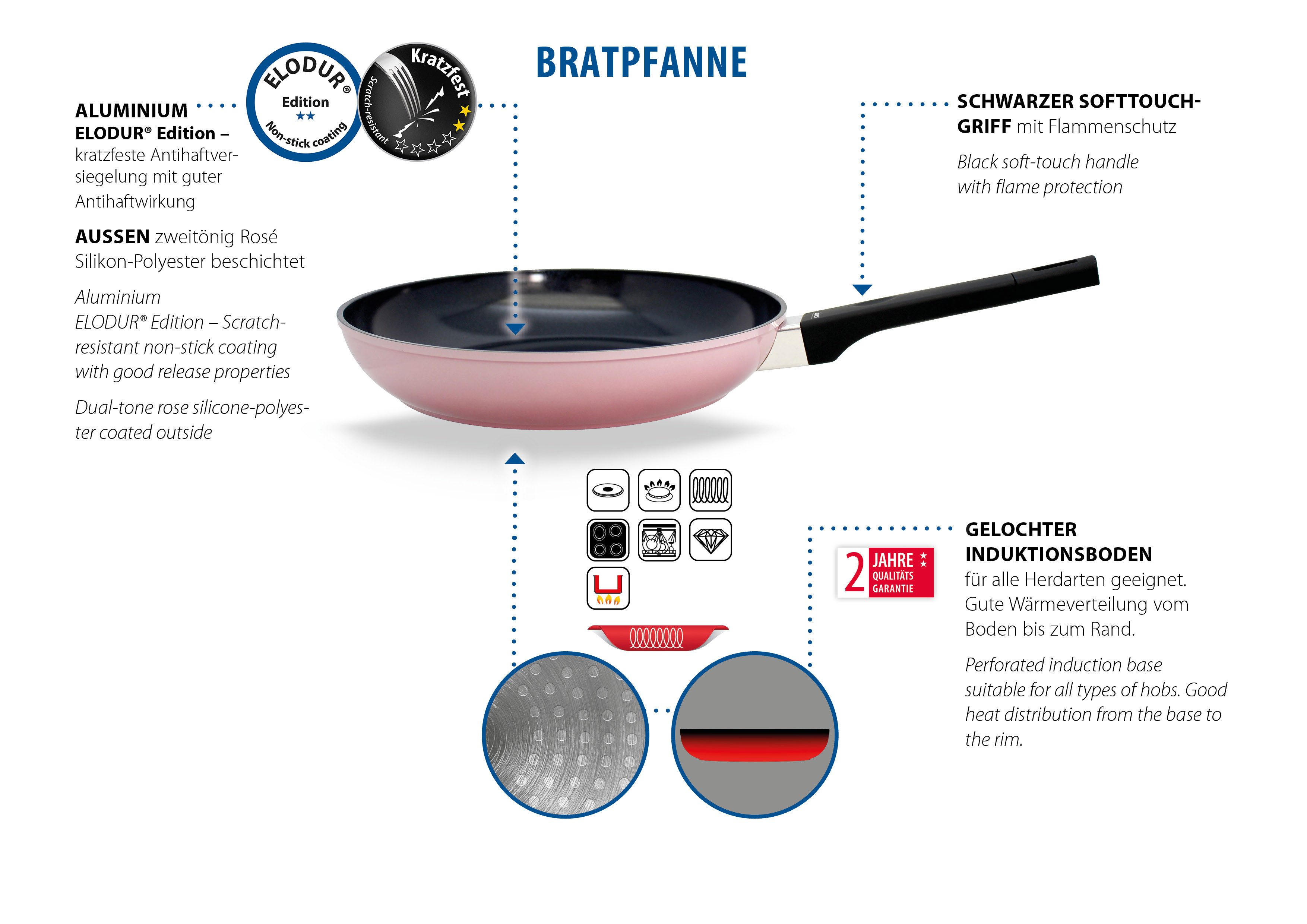 Elo Basic Bratpfanne Basic Pfanne + Gratis Mini Herzpfanne, Aluminium (Set, 2-tlg), aussen rosé Silicon Polyester beschichtet