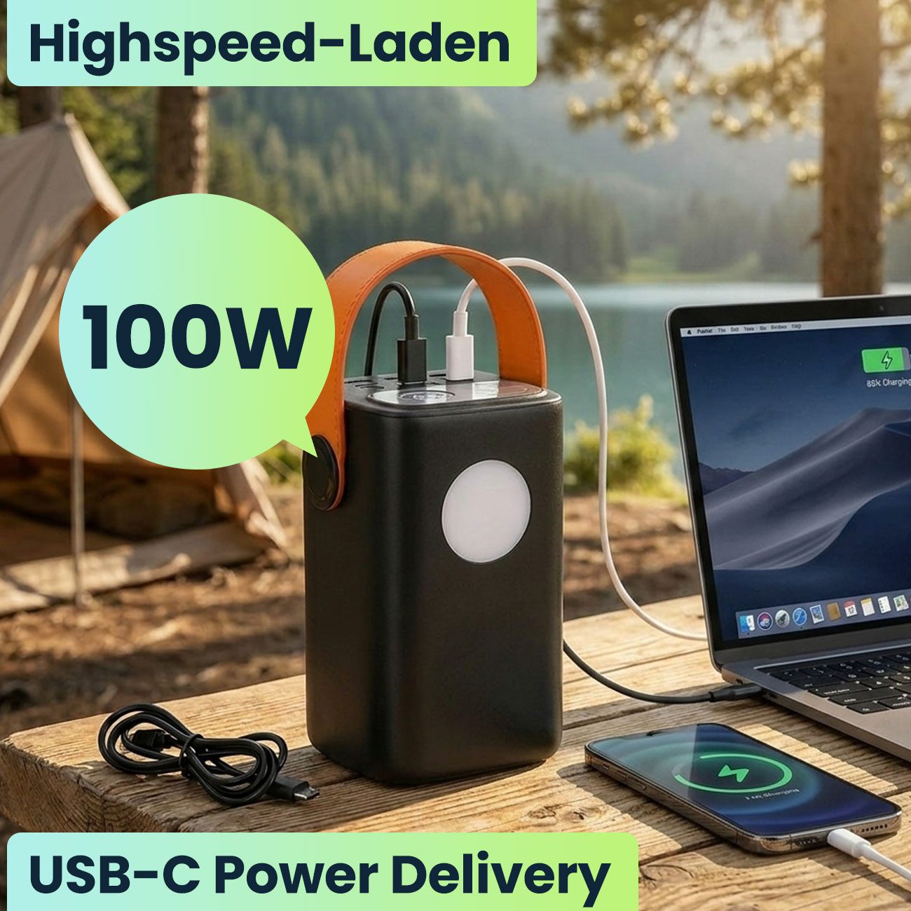 shop'n smile ideoon 100W Powerbank 60000 mAh mit LED-Lampe, Laptop Schnellladegerät Powerbank (Input (USB-C): 5 V DC bis 3 A / 15 Watt 9 V DC bis 3 A / 27 Watt 12 V DC bis 3 A / 36 Watt 15 V DC bis 3 A / 45 Watt 20 V DC bis 5 A / 100 Watt V), mit 100W USB-C PD, Display & 2 dimmbaren LED-Leuchten, Outdoor