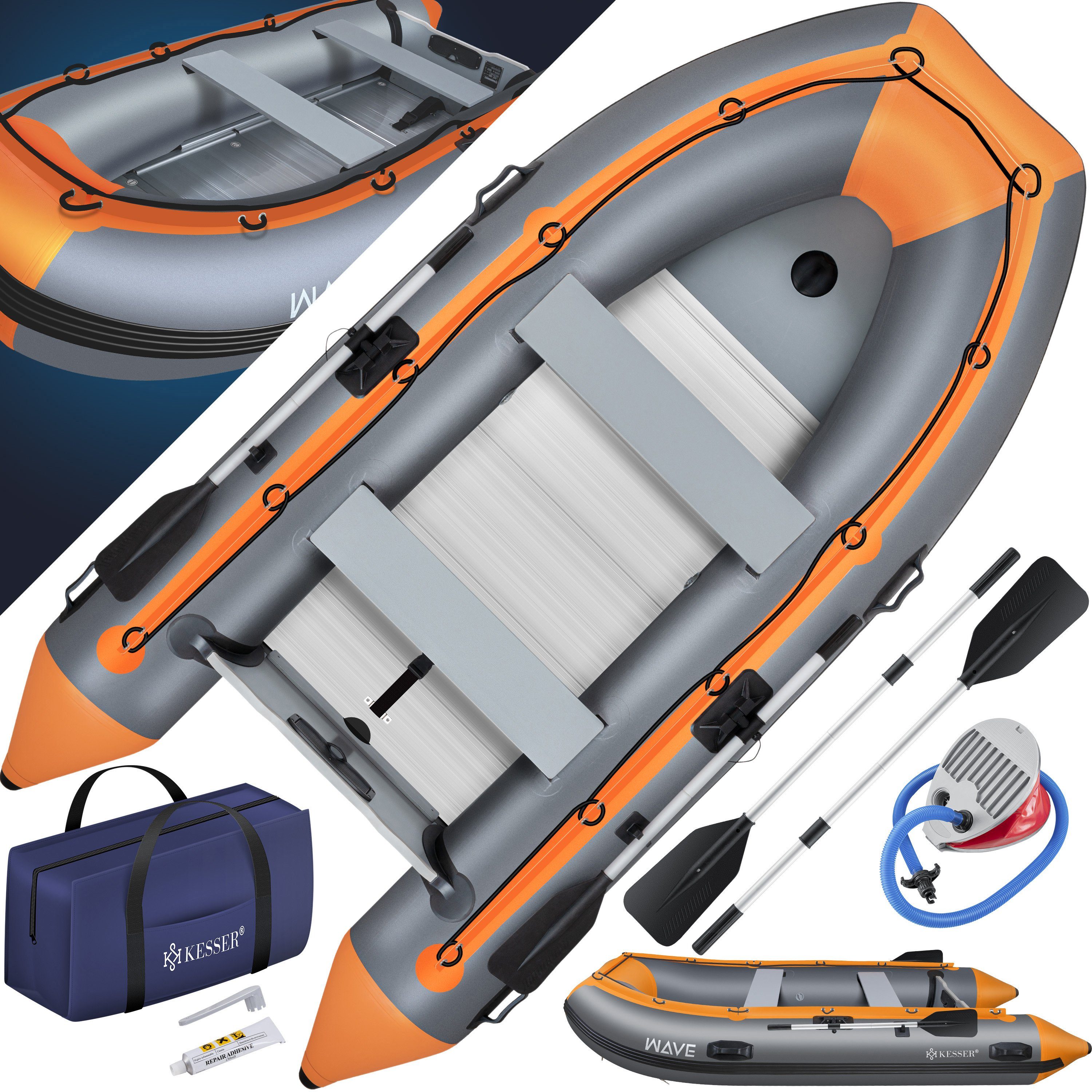 KESSER Schlauchboot aufblasbares Paddelboot für 4 Personen, motorisierbar, 3,20m, WAVE Motor geeignet