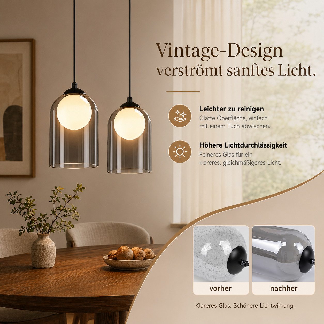 ZMH Pendelleuchte Esszimmer Schwarz 1 Flammig G9 Glas Vintage Hängeleuchte Schlafzimmer, Einfache Installation, ohne Leuchtmittel, Vintage Höhenverstellbar Pendellampe Esstisch für Wohnzimmer