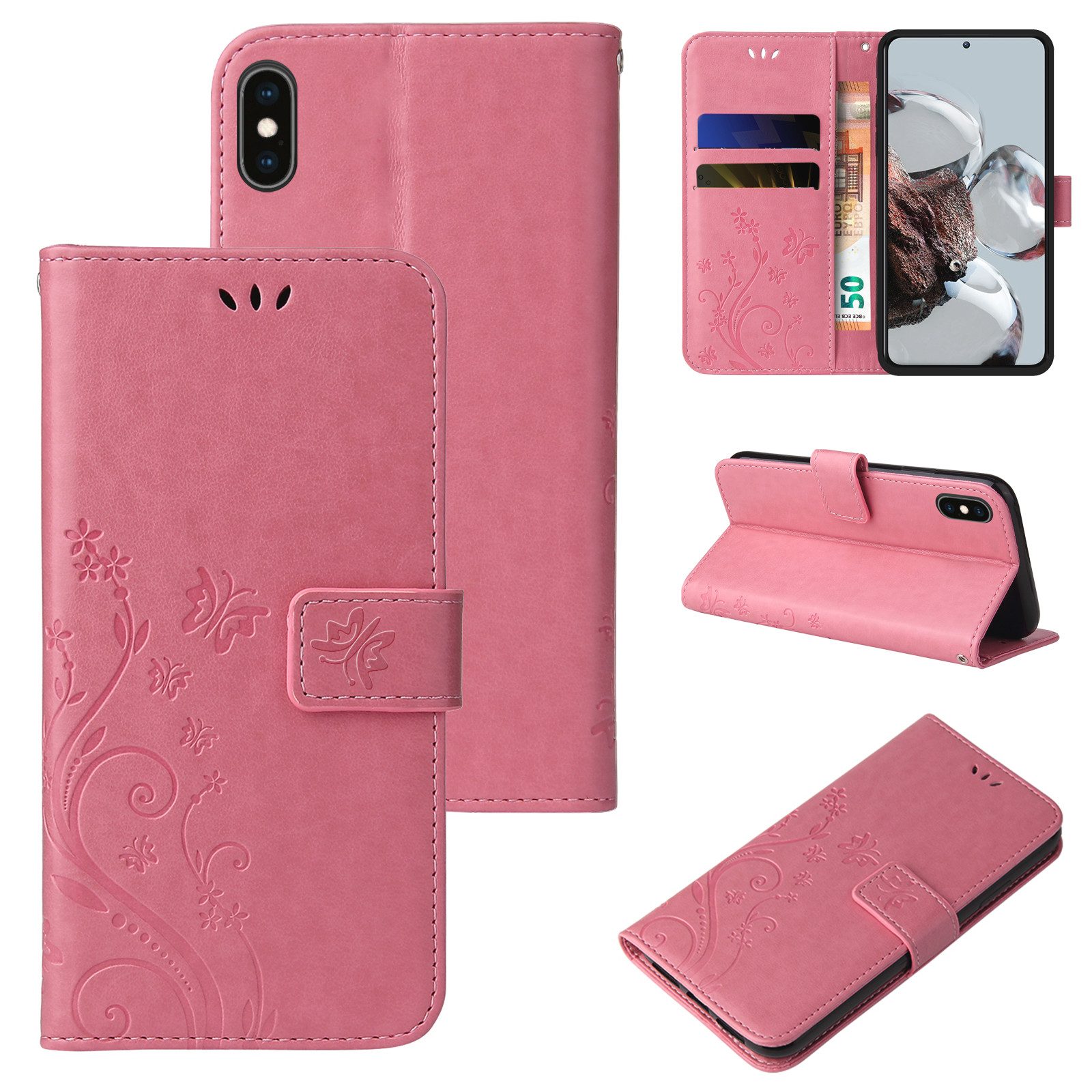Tec-Expert Handyhülle Cover Tasche Hülle für Apple iPhone XS 5,8 Zoll, Klapphülle Case mit Kartenfach Fliphülle aufstellbar, Motiv Blumen
