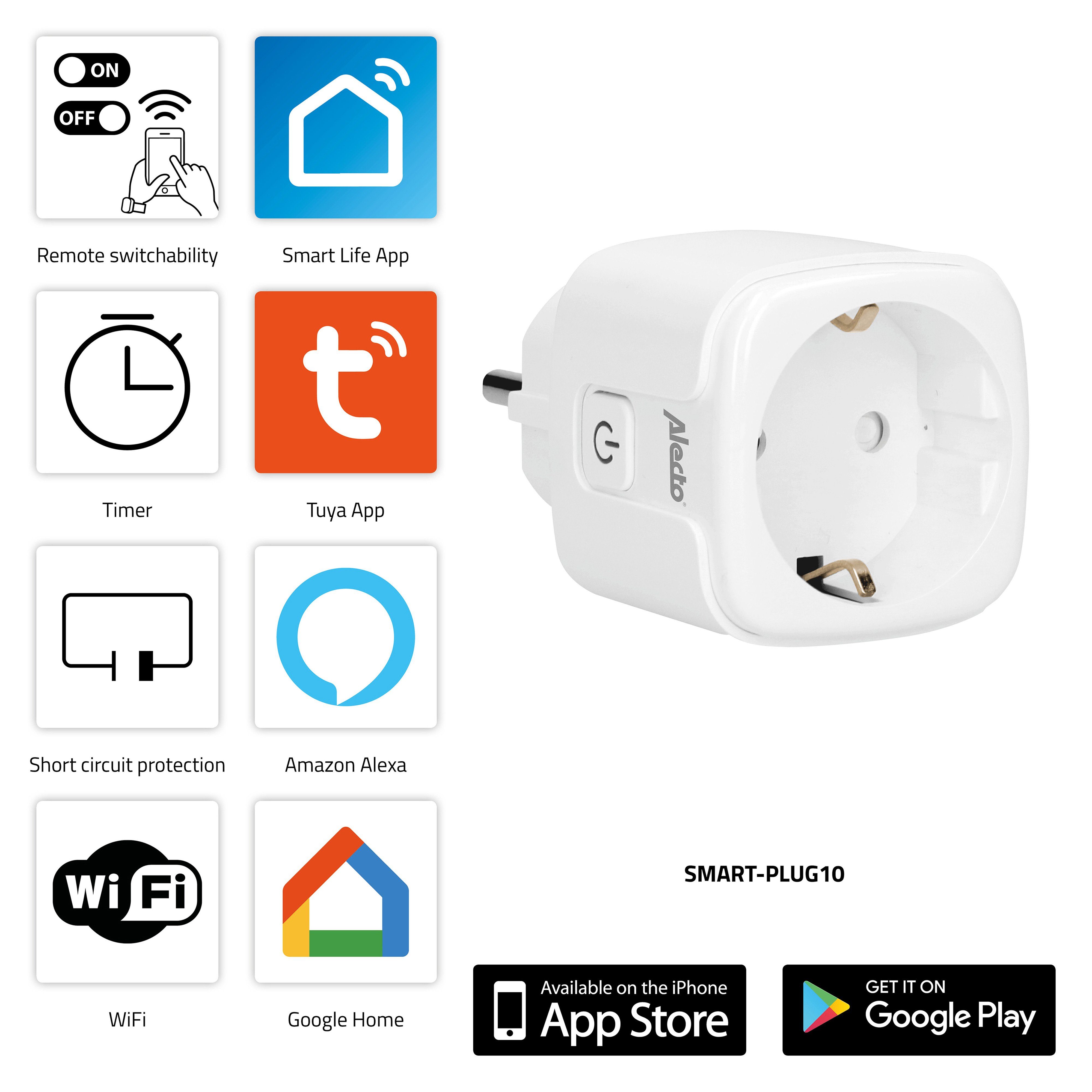 Alecto WLAN-Steckdose SMART-PLUG10 TRIPLE, 3-St., 3680W, 16A, WLAN-Steckdose, Smart-Home Steuerung, Kurzschlussschutz