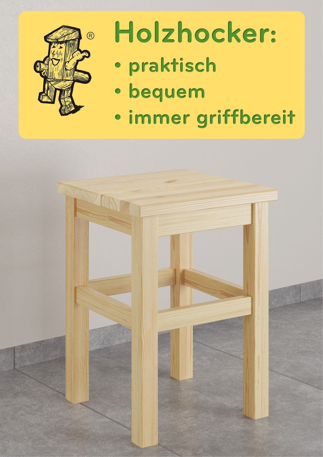 ERST-HOLZ Arbeitshocker Holzhocker Sitzhocker ohne Lehne in Kiefer Natur oder Weiß – Bild 5 von 5