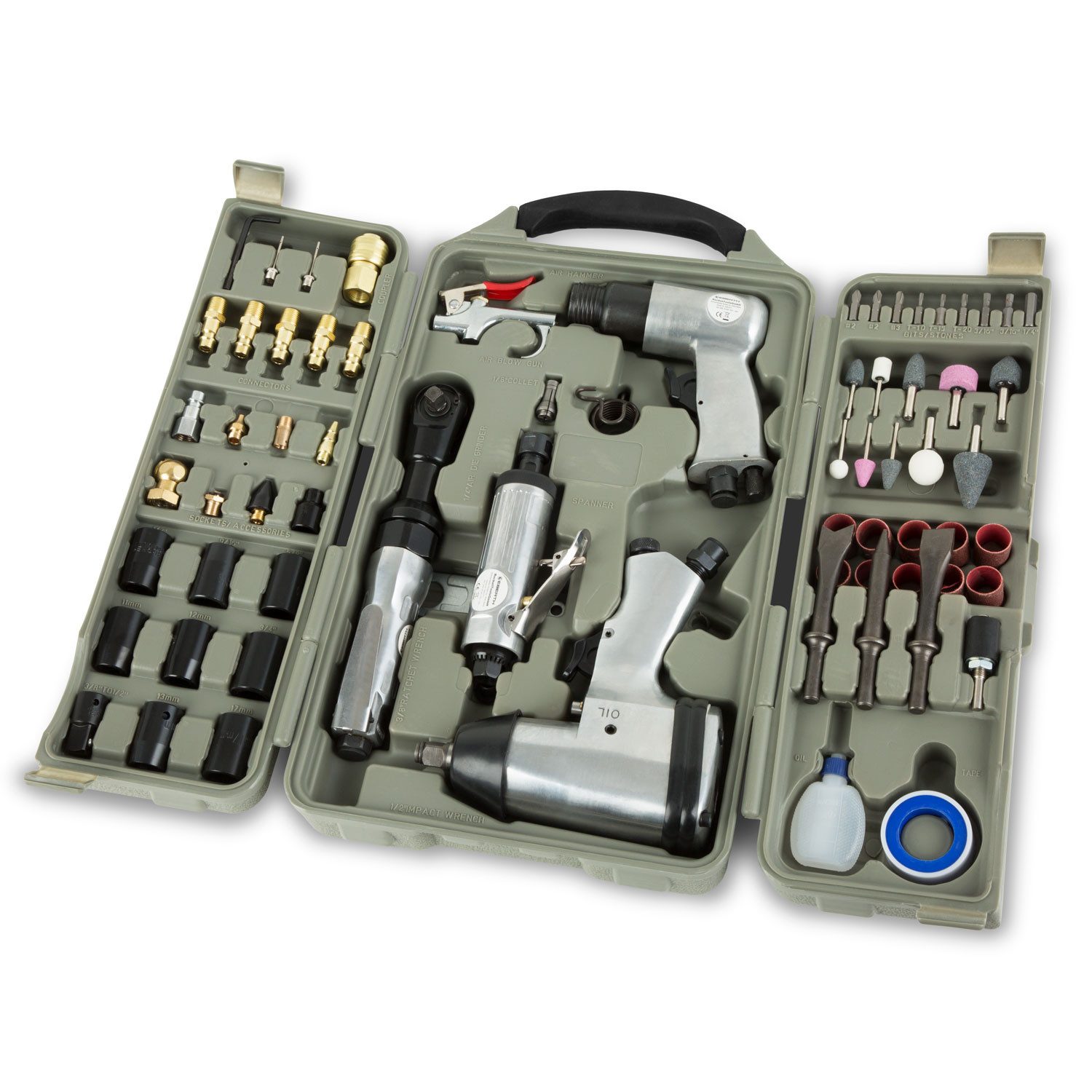 Druckluftgeräte-Set 71 tlg. mit 1/2" Schlagschrauber, 3/8" Ratschenschrauber