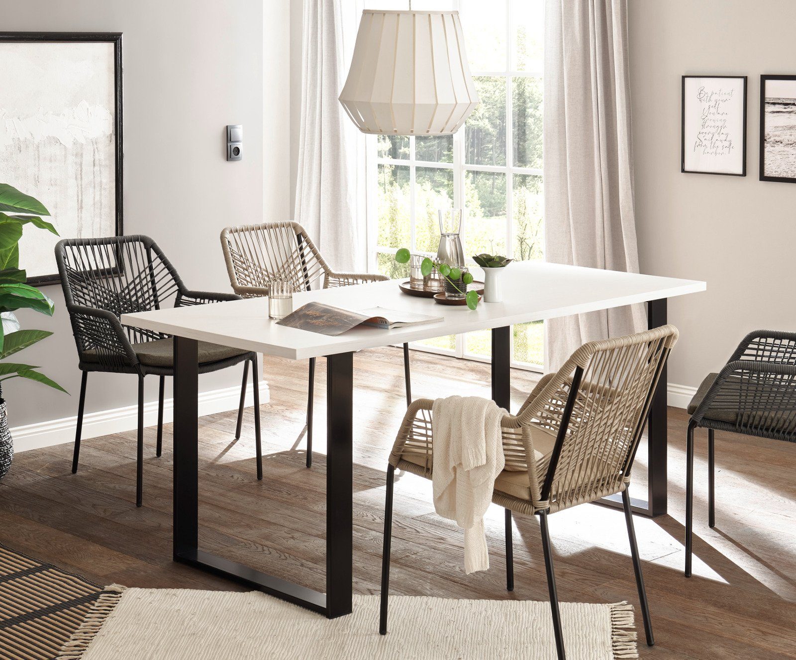 Furn.Design Esstisch Stove (Tisch in Pinie weiß mit Anthrazit, 180 x 80 cm, bis 6 Personen), mit Metallgestell