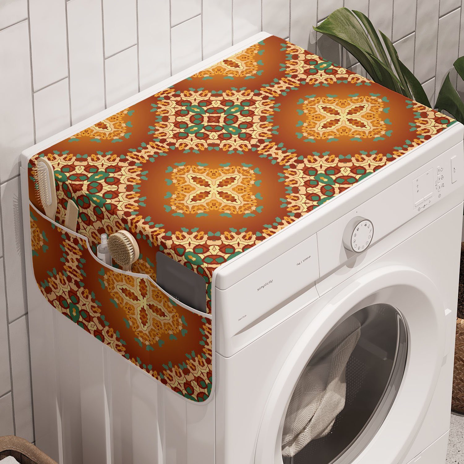 Abakuhaus Badorganizer Anti-Rutsch-Stoffabdeckung für Waschmaschine und Trockner, Orange Mandala Oriental Arabic Kunst