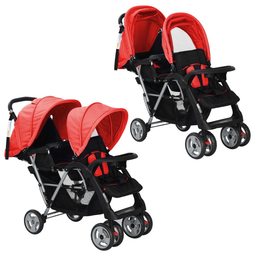 Kombi-Kinderwagen Kinderwagen Kinderkarre Buggy Zwillings-Geschwisterwagen Stahl Rot und