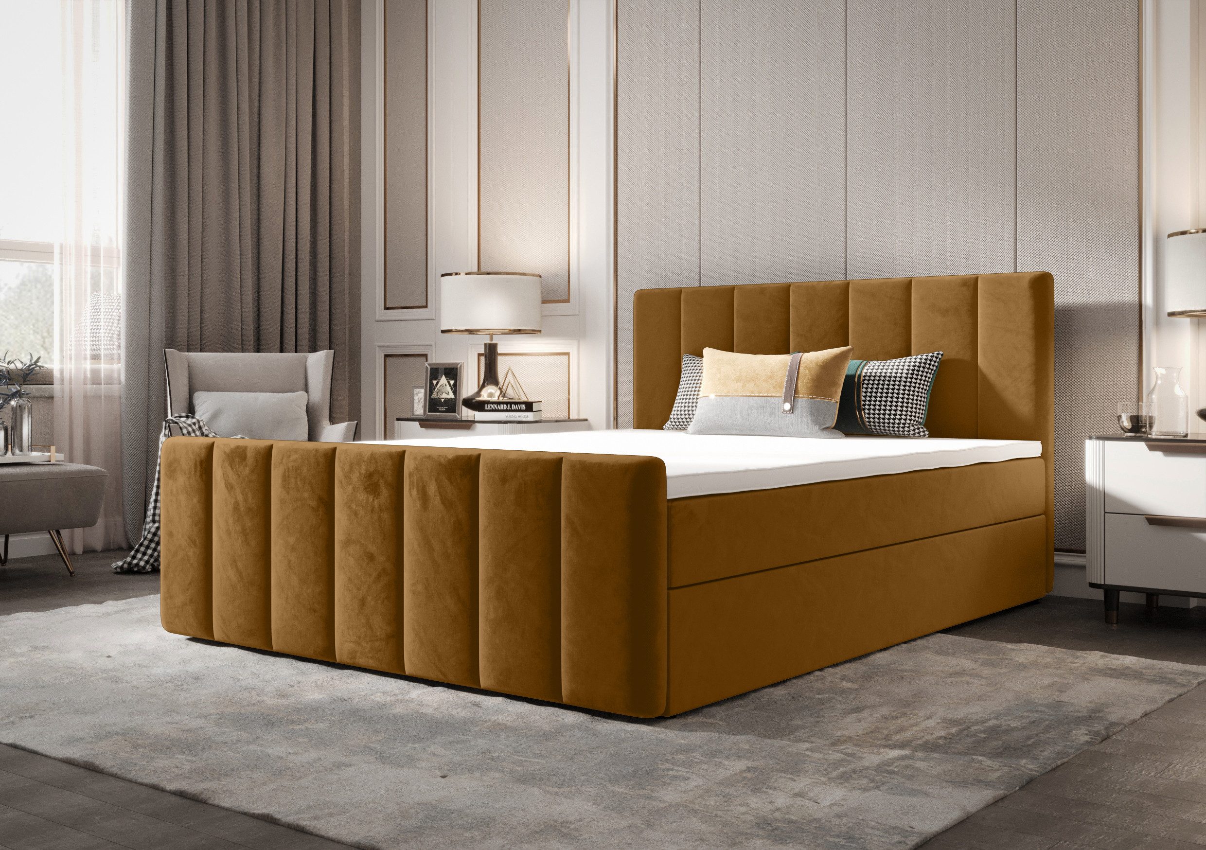 B&B Home Boxspringbett Adelon II (H3 Multipocket-Matratze, Kopfteil, Bettkasten und Topper)