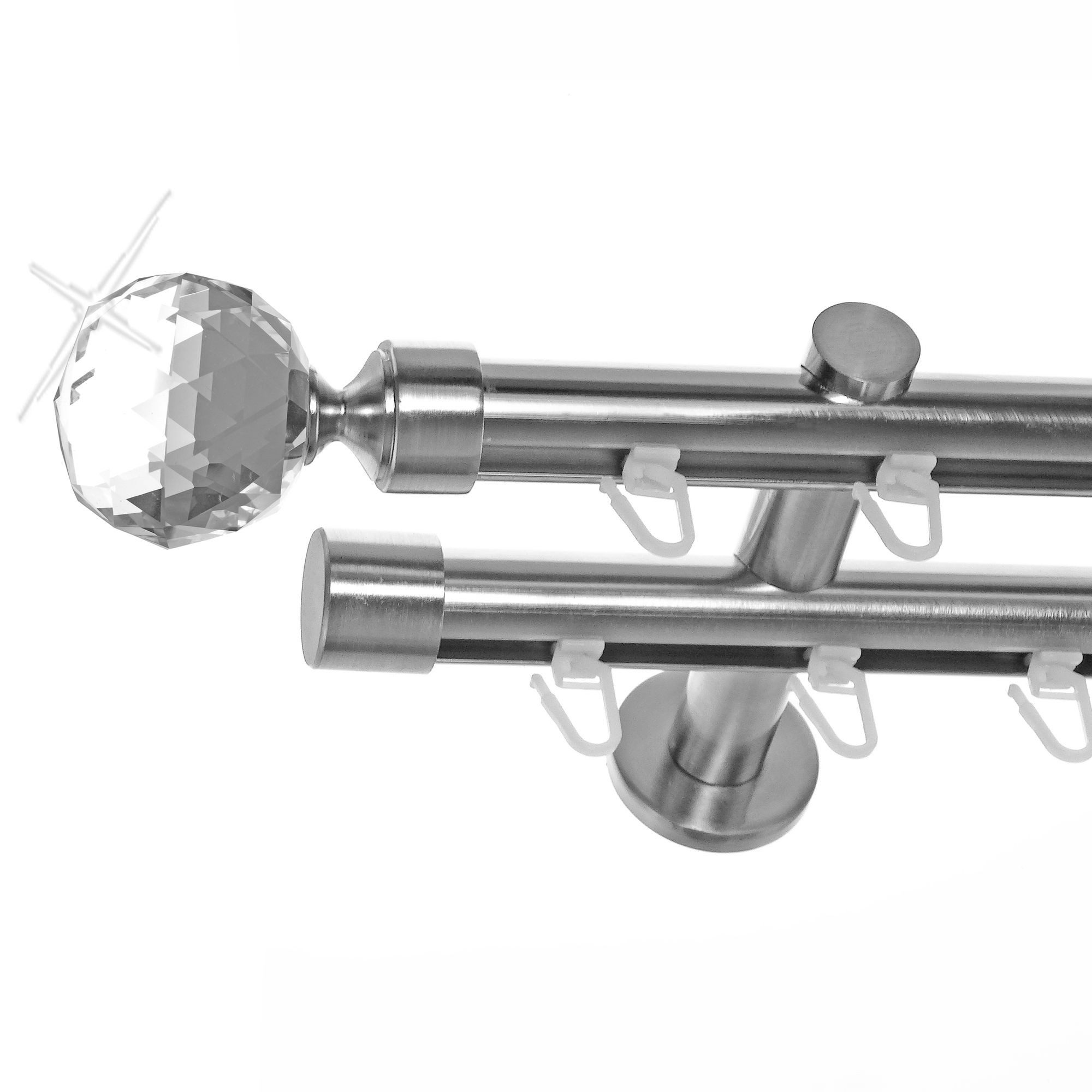 BASIT Gardinenstange Innenlauf Edelstahloptik 20mm mit Wandträgern 160 cm E87, Ø 20 mm, 2-läufig, verschraubt, Aluminium, H40 160 cm E87 Kristall Kugel