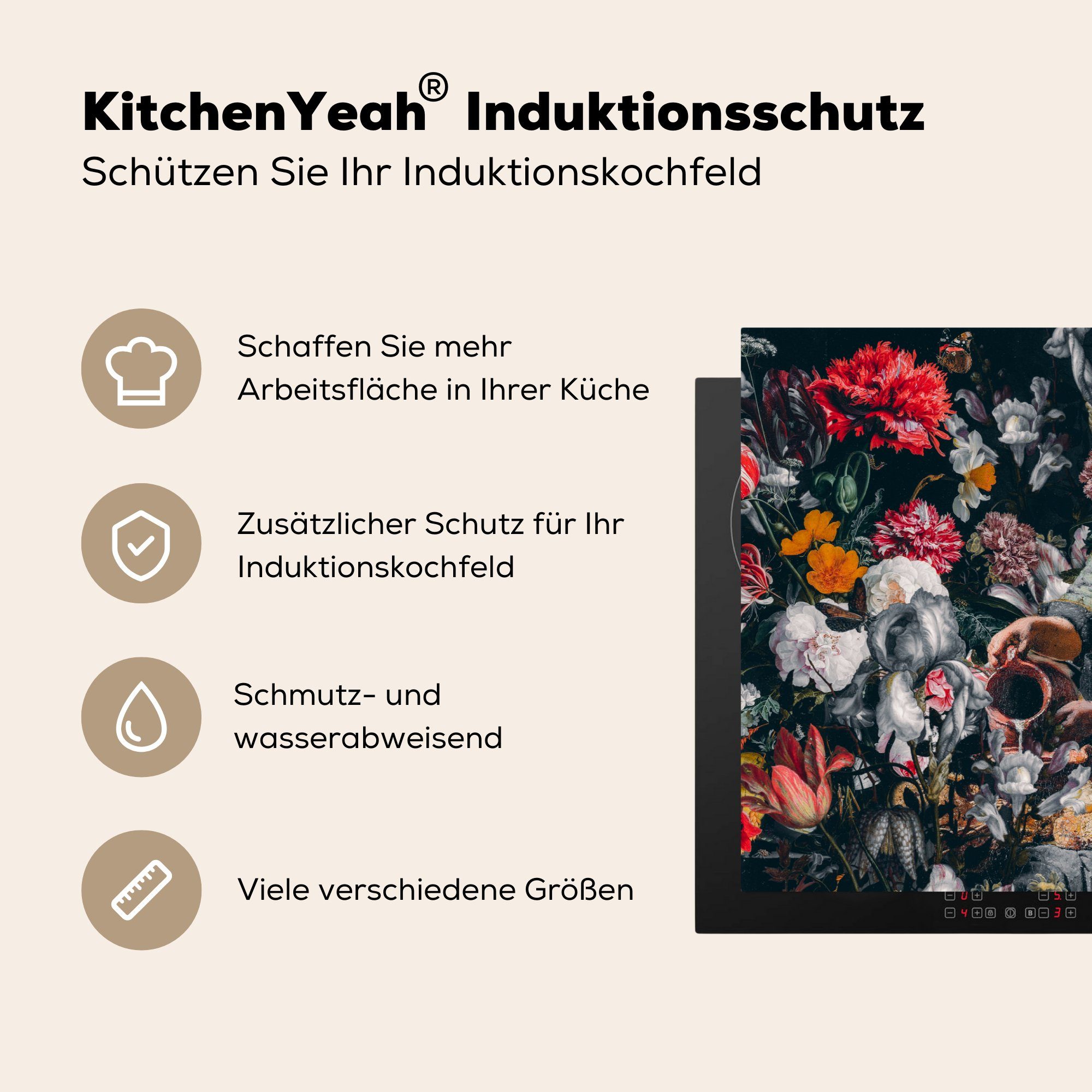 cm, küche, Johannes - 81x52 Ceranfeldabdeckung Vermeer für Vinyl, Induktionskochfeld tlg), MuchoWow Herdblende-/Abdeckplatte Blumen, - die (1 Milchmädchen Schutz