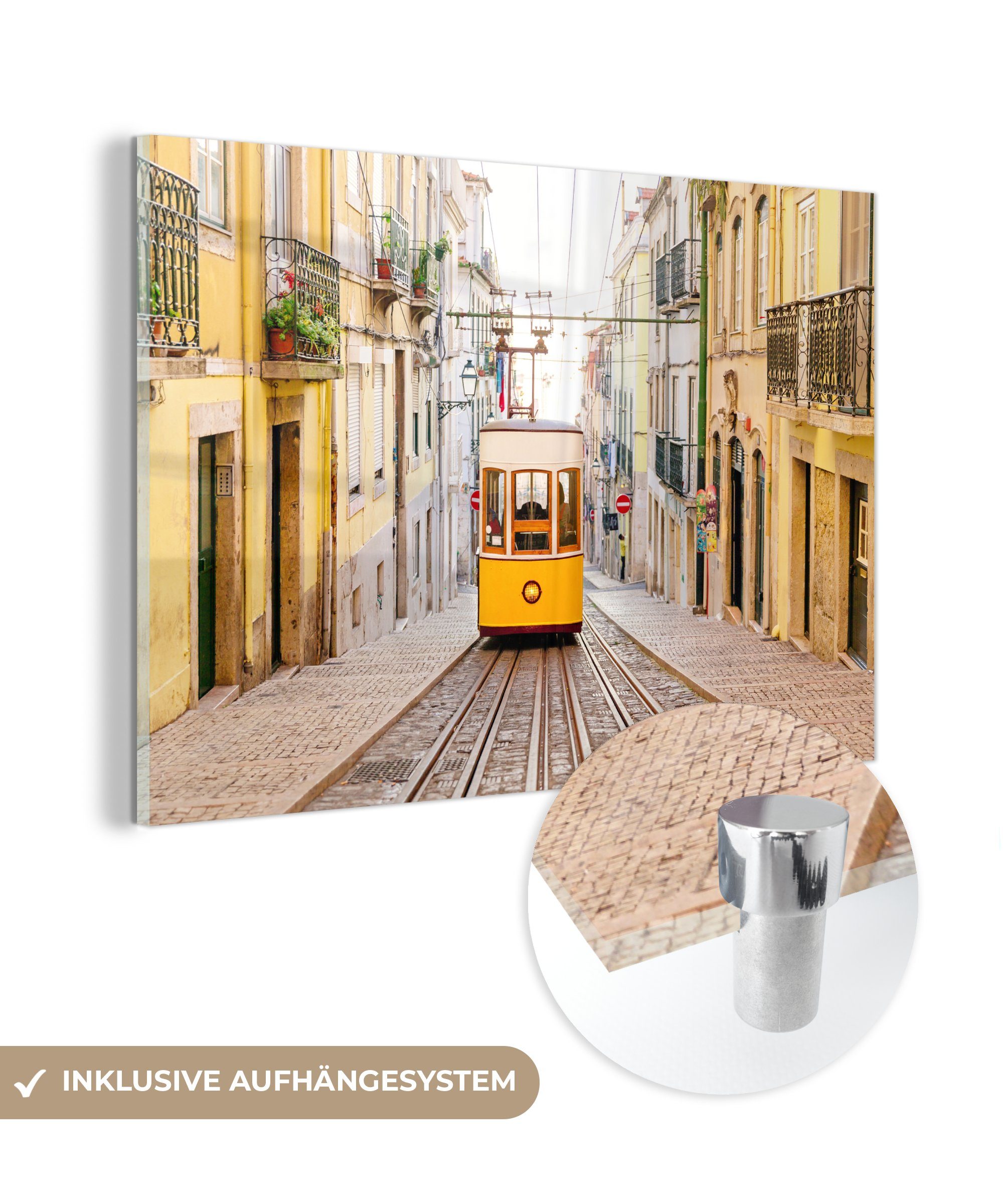 MuchoWow Acrylglasbild Mit der Straßenbahn durch Portugal, (1 St), Acrylglasbilder Wohnzimmer & Schlafzimmer