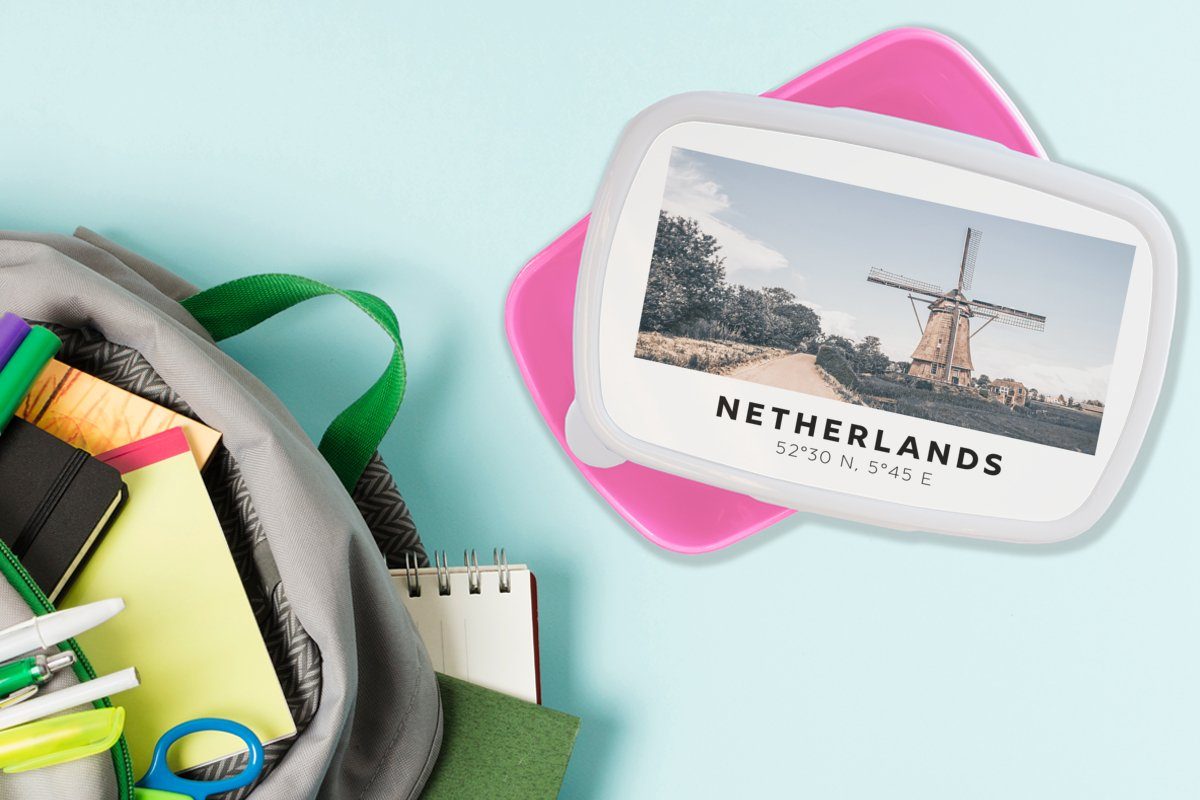 Niederlande - - Mädchen, Erwachsene, Kinder, (2-tlg), Kunststoff, Kunststoff rosa Brotdose Snackbox, Sommer, Lunchbox für MuchoWow Brotbox Windmühle