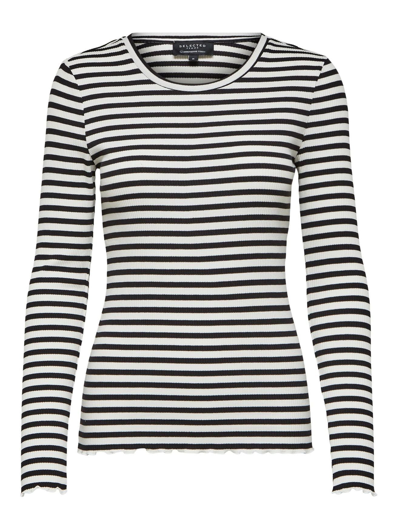 Basic Dünnes in (1-tlg) FEMME SLFANNA SELECTED Langarm weiß/schwarz T-Shirt Shirt 4181