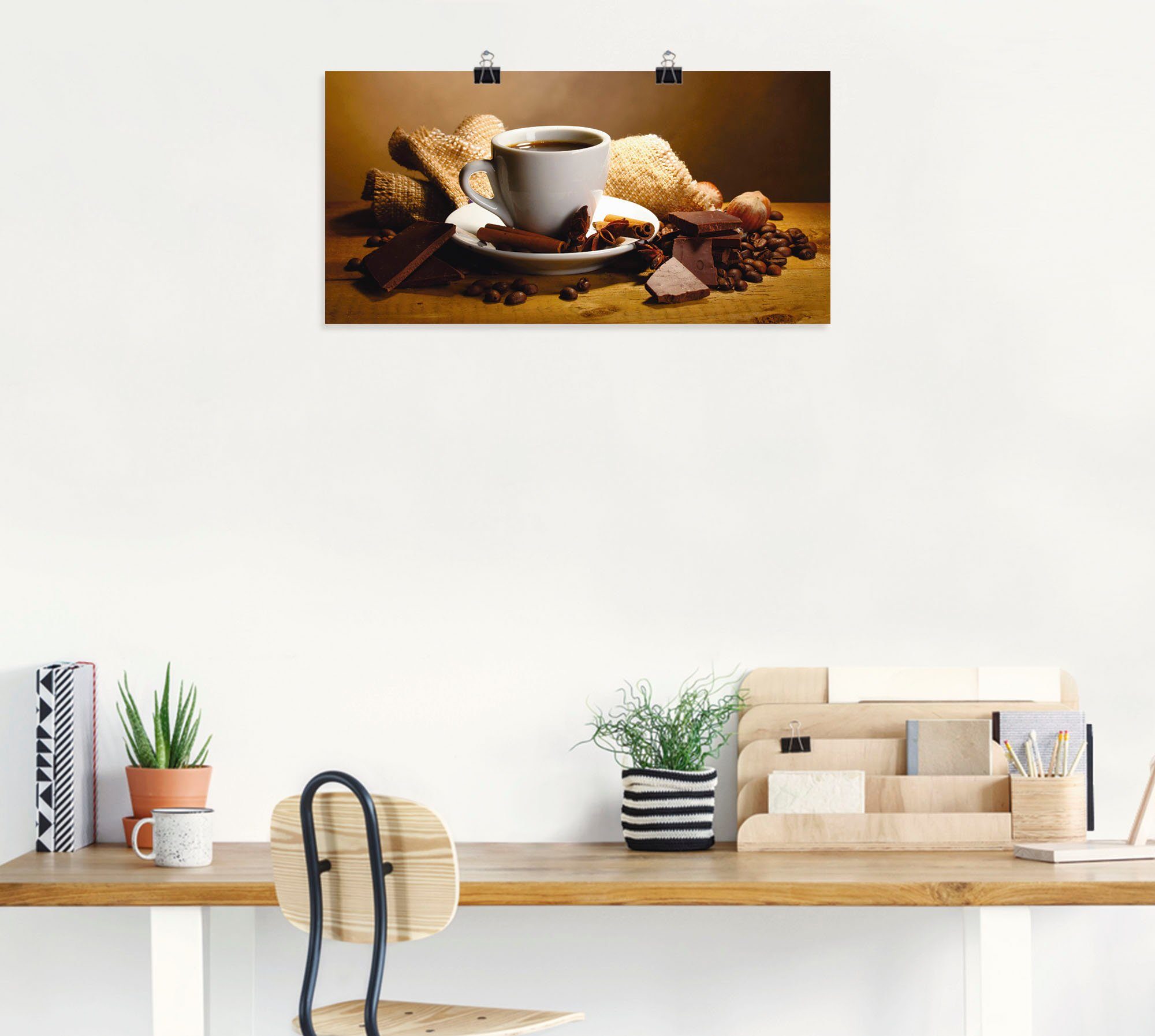 Artland Wandbild Kaffeetasse Zimtstange Nüsse als Poster (1 St), Größen in versch. oder Getränke Leinwandbild, Schokolade, Alubild, Wandaufkleber