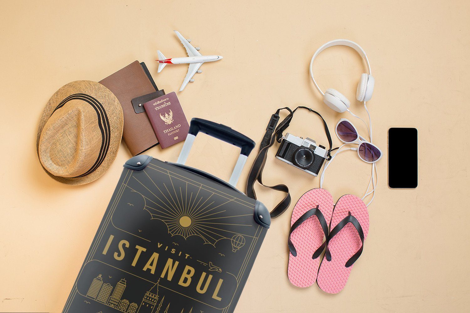 Stadtbild schwarz, Reisetasche Ferien, 4 Handgepäck mit Trolley, Reisekoffer für rollen, Rollen, Istanbul Handgepäckkoffer MuchoWow -