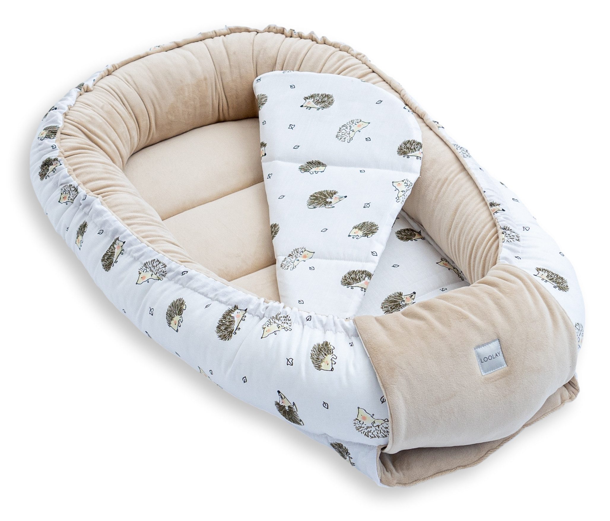 Loolay Kuschelnest BABYNEST 5 TLG. Set PREMIUM Babyausstattung Baumwolle & Samt Velours, (MUSTER: BEIGE Samt Velour/ Igel Braun, 5-tlg., Liebevoll handgefertigt – Bild 5 von 5
