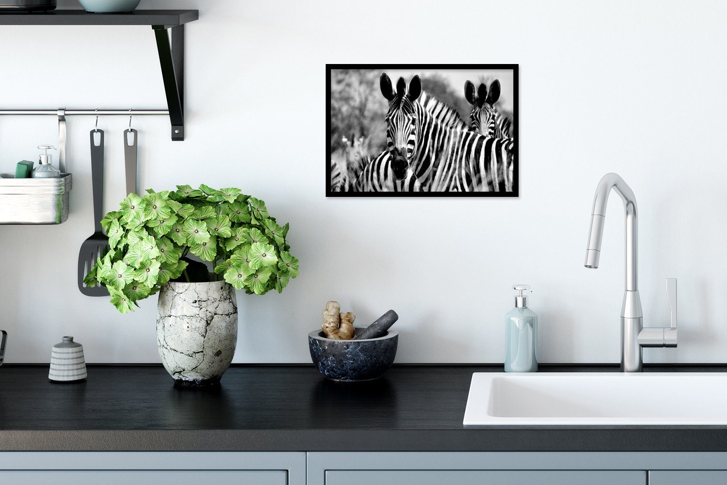 MuchoWow Wandposter, - Schwarzem - (1 Bilderrahmen Poster Zebra Wanddeko, Schwarz Gerahmtes St), - Poster, Weiß Tiere, Bilder,