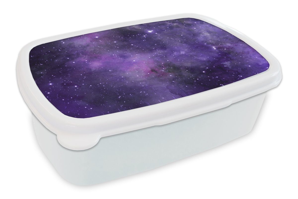 MuchoWow Lunchbox Aquarell - Sterne - Lila, Kunststoff, (2-tlg), Brotbox für Kinder und Erwachsene, Brotdose, für Jungs und Mädchen weiß