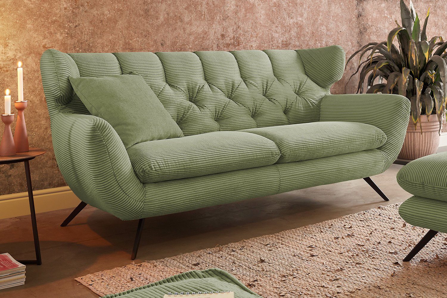Sitzgruppe 3-tlg), olivgrün versch. Farben CHARME, Cord KAWOLA (Set, Hockerbank Sessel Sofa