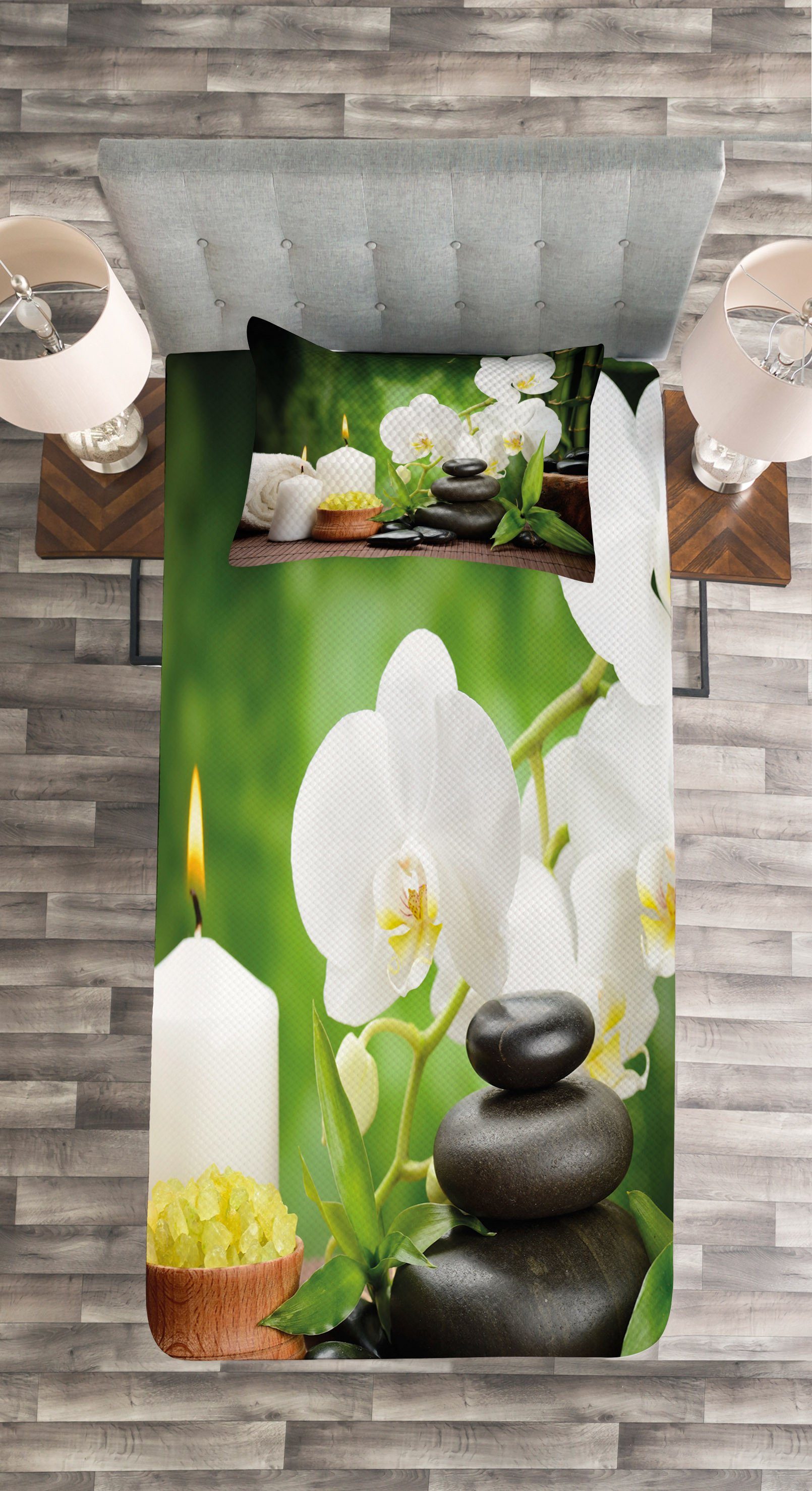 Kissenbezügen Tagesdecke Set Spa Steine Abakuhaus, mit Waschbar, Orchideen ​​und