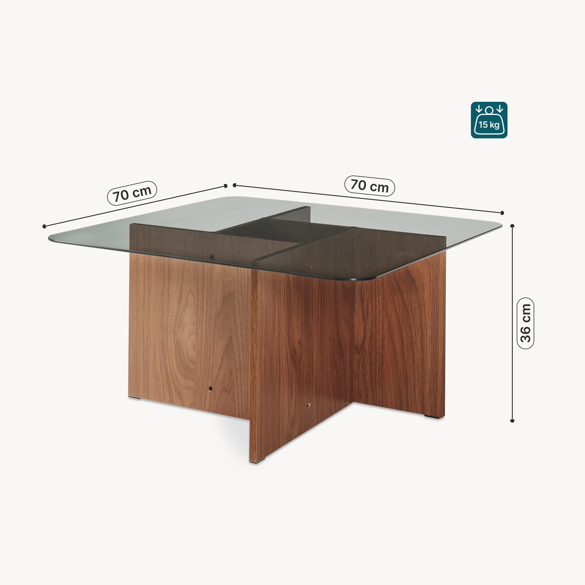 en.casa Couchtisch, »Benexjö« 70x70x36 cm mit Glasplatte quadratisch Walnussoptik/Grau
