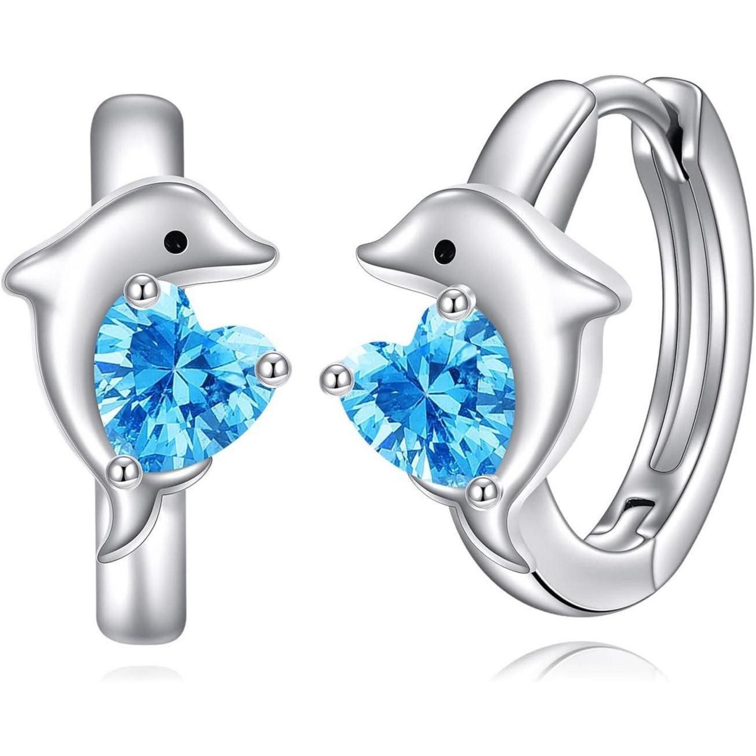 Paar Creolen Ohrringe Creolen 925 Sterlingsilber rosa Zirkonia Tier Delphin Blau