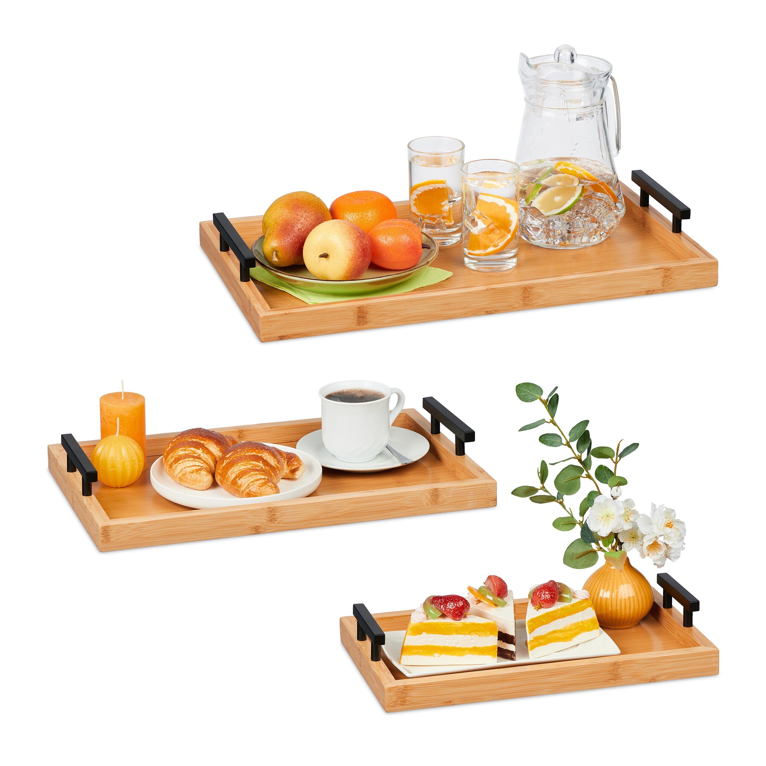 relaxdays Tablett 3er Set aus Bambus, Bambus, (3-tlg)