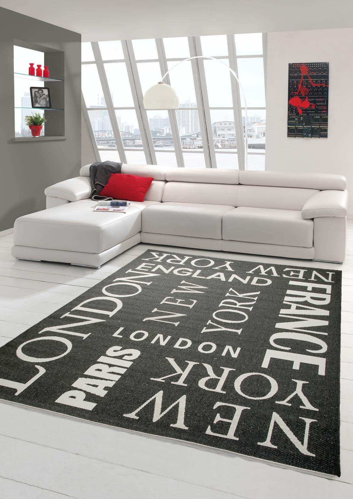 Outdoorteppich Küchenläufer Flachgewebe Teppich Sisal Optik modernes Design Städte New York London Paris City schwarz weiß, Teppich-Traum, rechteckig, Höhe: 5 mm