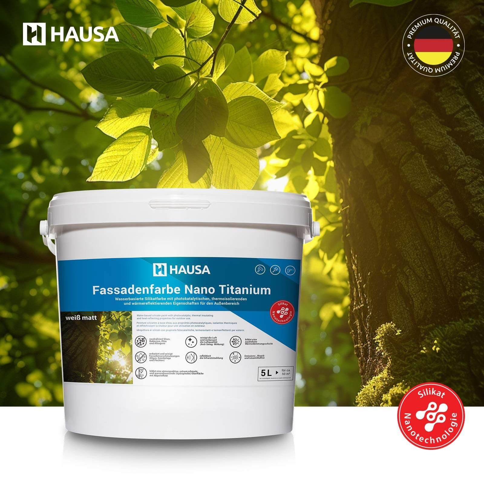 Hausa Fassadenfarbe Nano Titanium Außenfarbe, 10L für ca. 50 m² weiß Anti-Smog, thermoisolierend, Reinigt die Luft