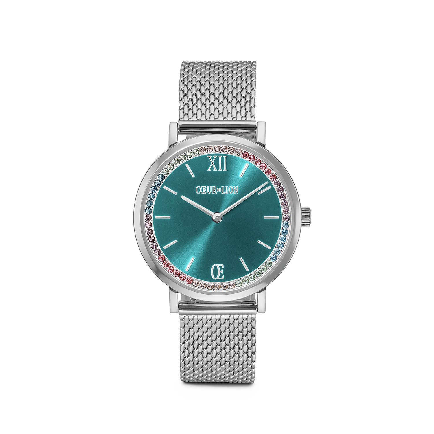 COEUR DE LION Quarzuhr Uhr Rund Sparkling Sunray Transformative Teal Milanaise silber 7650/70-1706, Armbanduhr, Damenuhr, Edelstahlarmband, analog, Swarovski®-Kristall