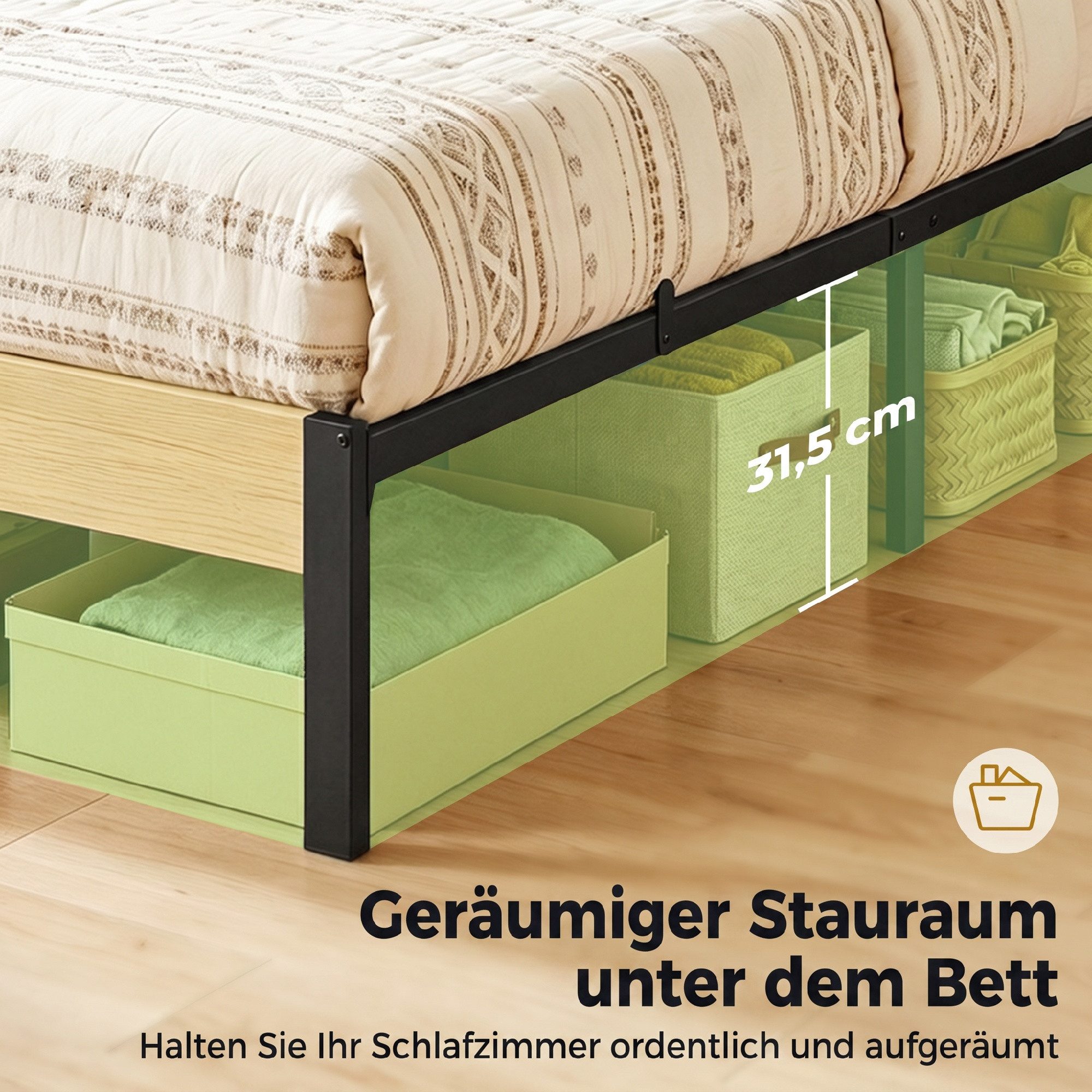 HOMCOM Bettgestell Bett 90 x 200 cm mit Kopfteil, Lattenrost, Unterbettaufbewahrung (Set, 1-tlg., Einzelbett), für Schlafzimmer, Gästezimmer, Natur – Bild 5 von 5