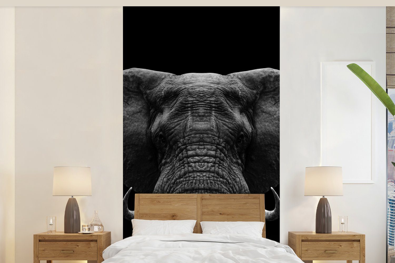 Porträt Küche, bedruckt, St), Matt, Tiere Vliestapete Elefant Weiß, für (2 - Wohnzimmer Schwarz - Schlafzimmer - - Fototapete Fototapete MuchoWow