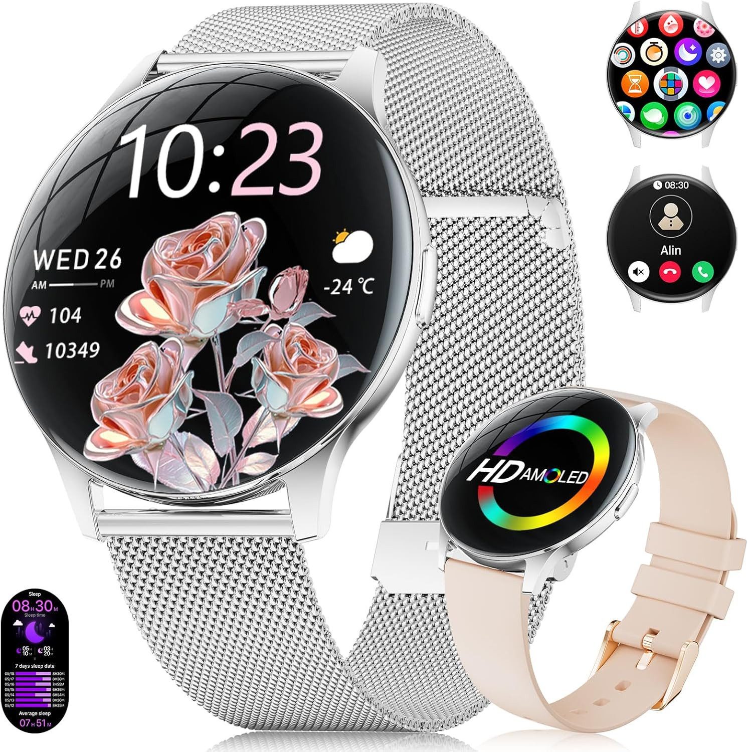 BENYAR FV21-G Smartwatch (3,6 cm, android ios), Ultraschlanke Damen Smartwatch mit HD Display Fitness Tracker