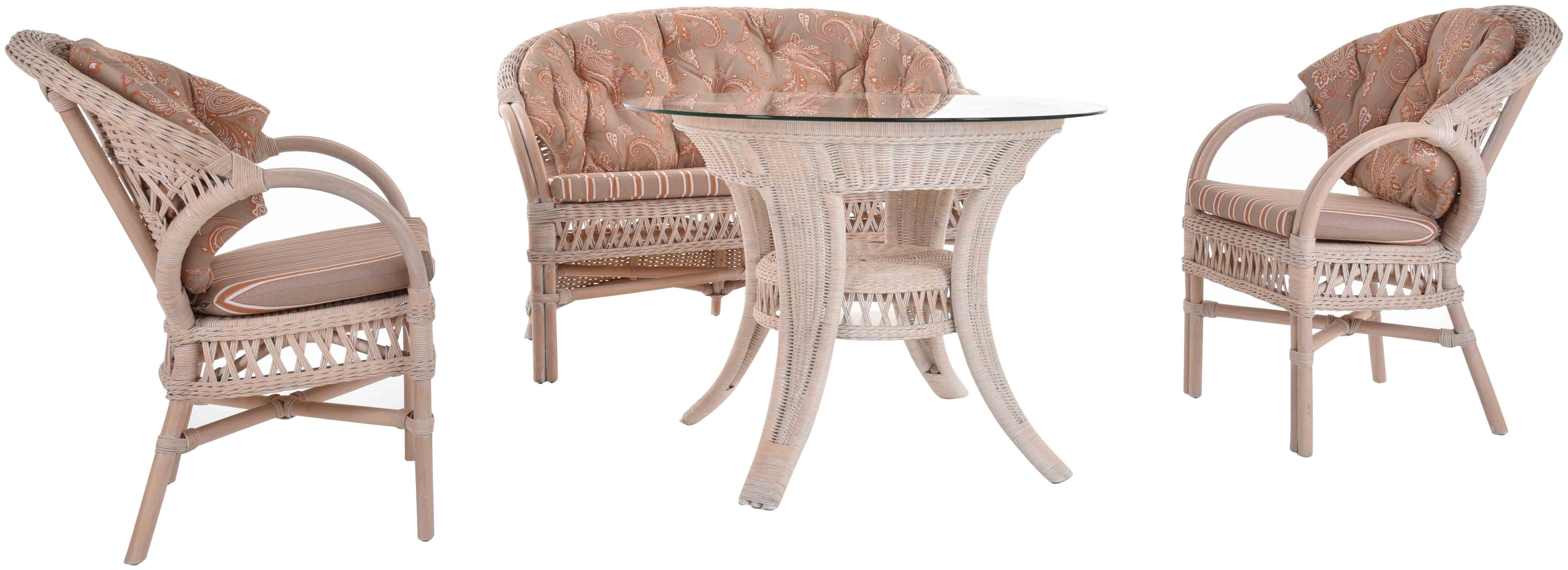 Krines Home Sitzgruppe Set/4 Rattanset Wintergarten Moreno Gruppe für 4 Personen Garnitur, (4-tlg., 2x Sessel, 1x Sofa, 1x Tisch), mit Sitzbank, Natur Rattan, Ablage unter der Glas-Tischplatte