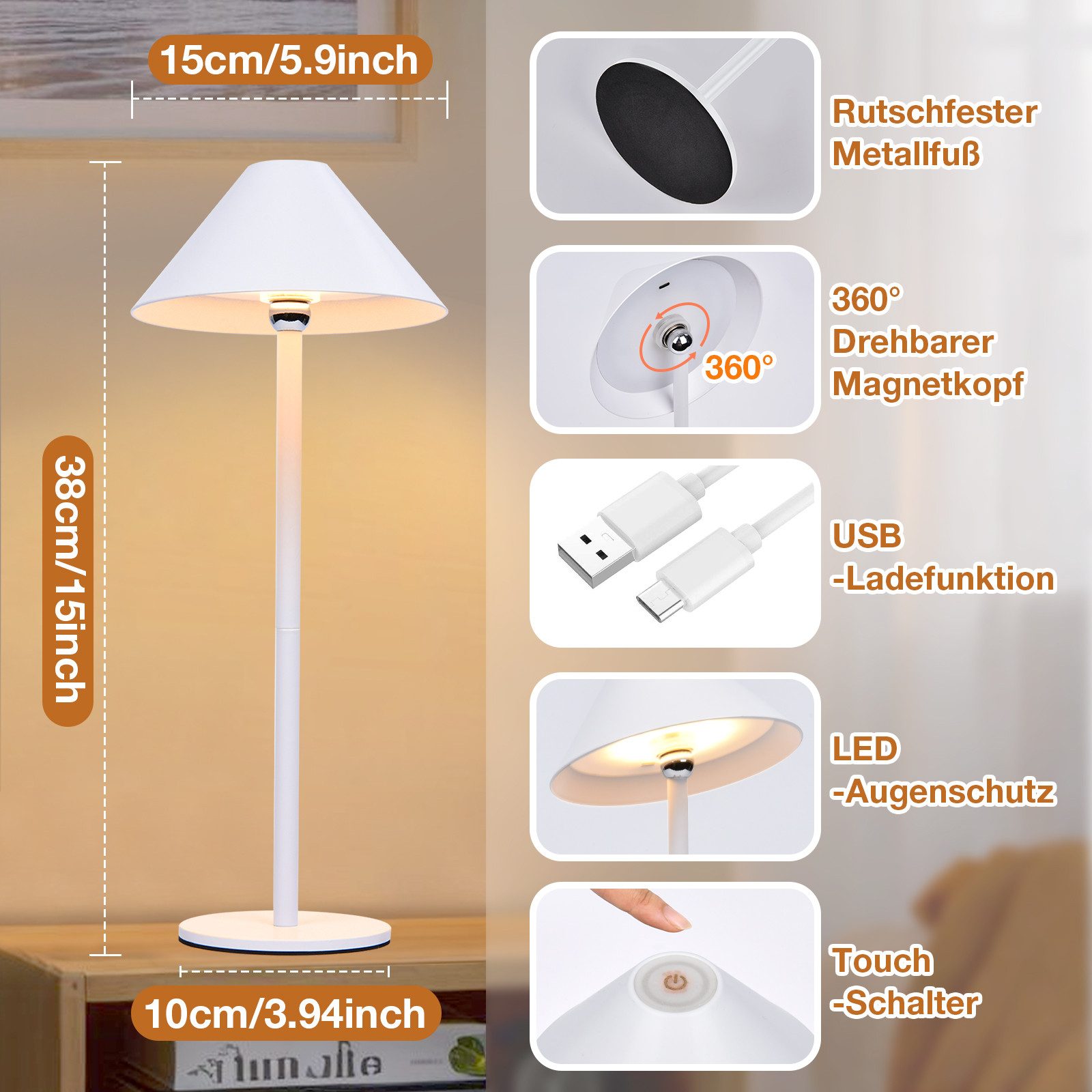 Lapalife Nachttischlampe LED Dimmbar Tischlampe Kabellos, Akku Tischleuchte, 3 Farbtemperaturen, Mit Touch Control für Indoor Nachttisch Terrasse Restaurant