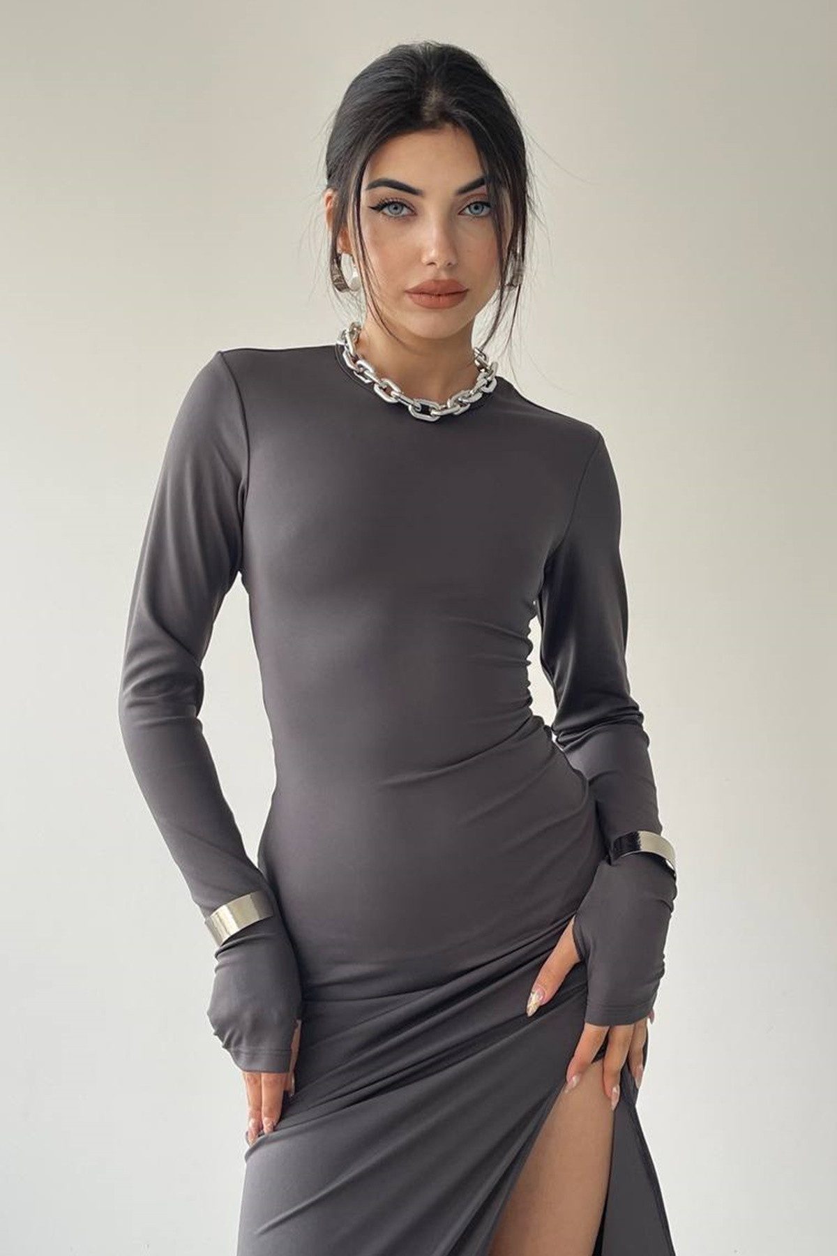 WOMAN VISION Abendkleid Langärmeliges Kleid mit Schlitz