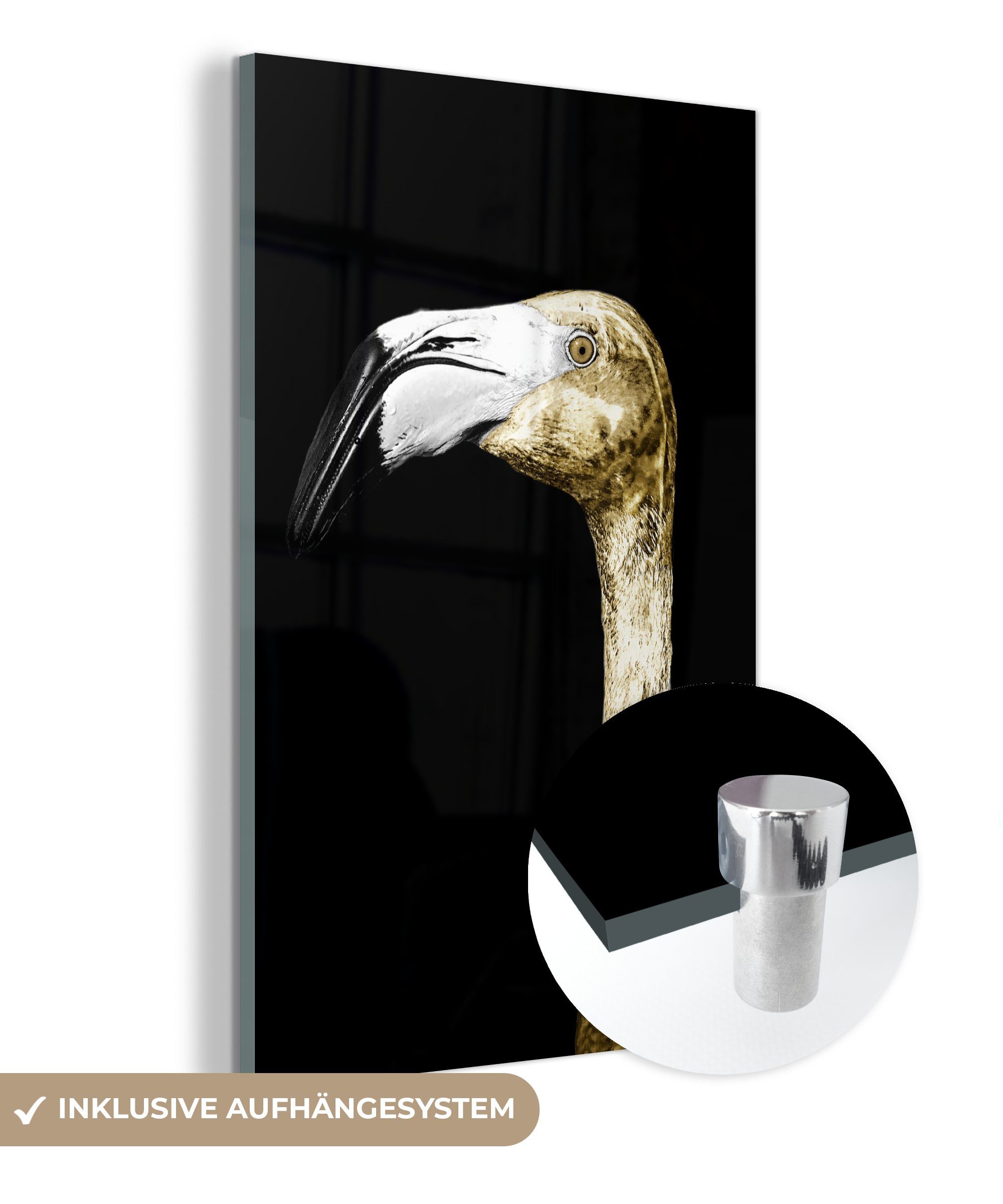 MuchoWow Acrylglasbild Flamingo - Gold - Porträt, (1 St), Glasbilder - Bilder auf Glas Wandbild - Foto auf Glas - Wanddekoration bunt | Bilder