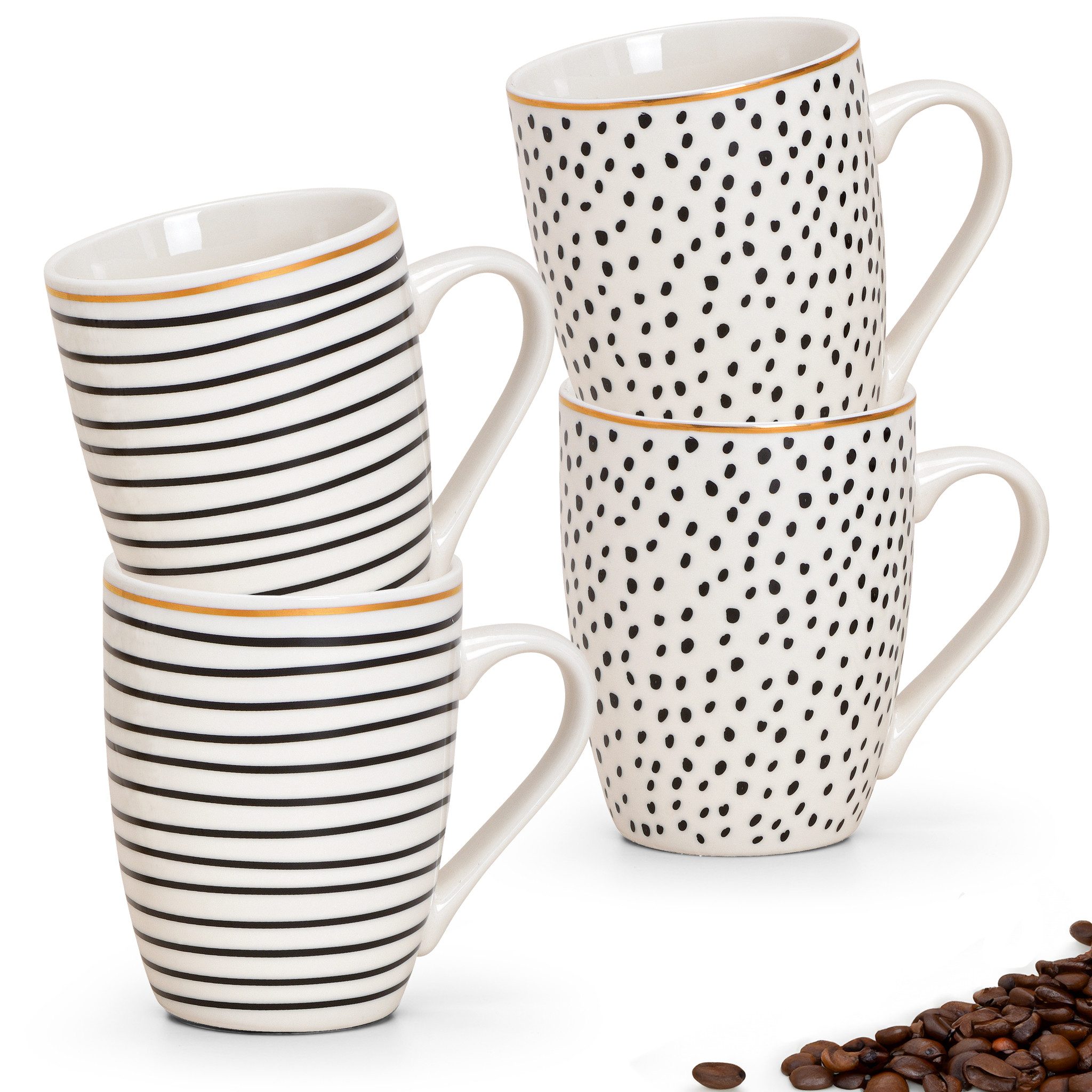 matches21 HOME & HOBBY Tasse Kaffeetassen 4er Set Streifen & Punkte Goldrand gestreift, 4-tlg., Porzellan, Tee Kaffee-Becher, modern, schwarz weiss gepunktet, 300 ml