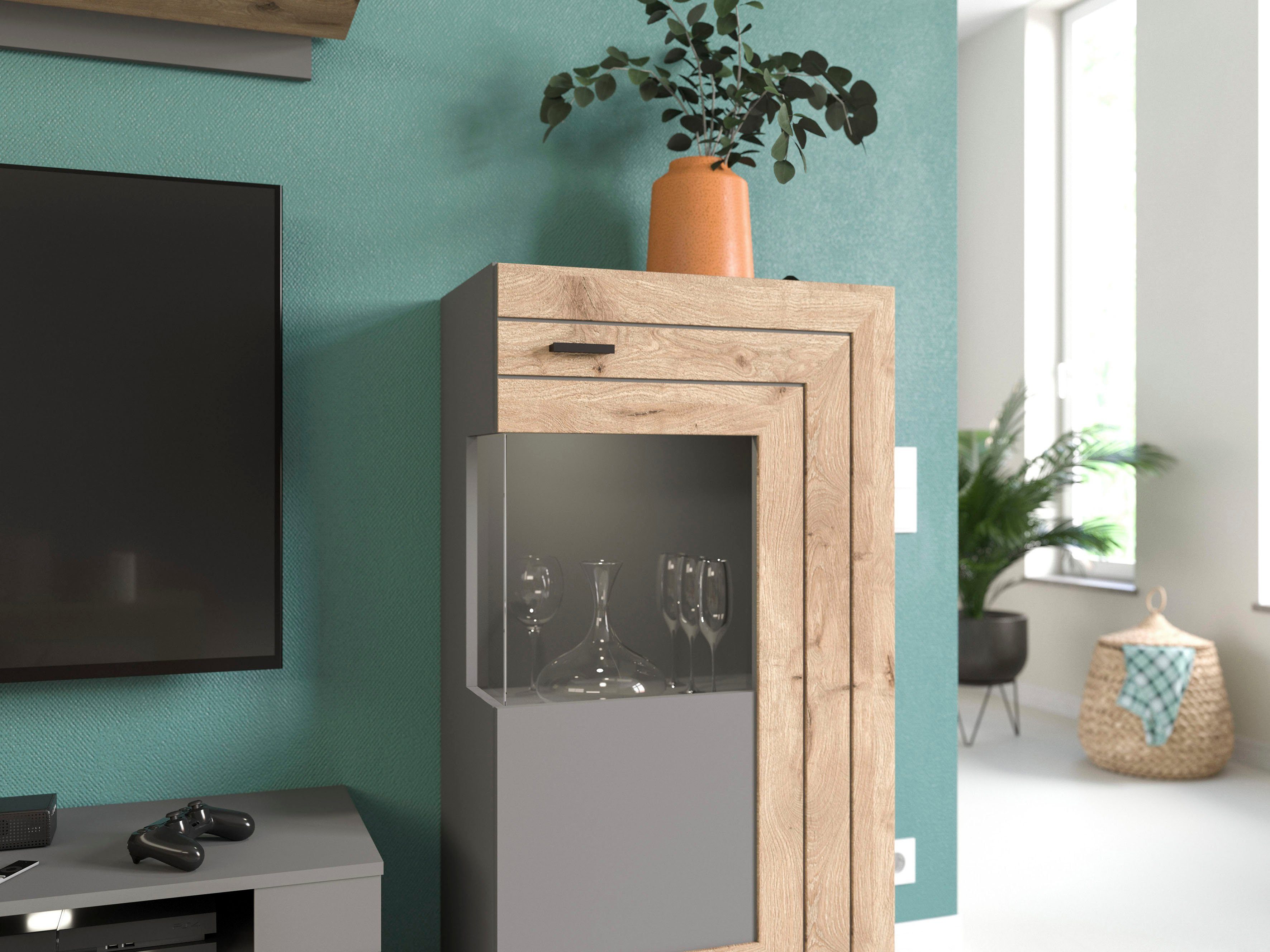 Home affaire Vitrine Aalborg, Höhe 118 cm, 1 Glastür, 2 Fächer, 2-farbig, Metallgriffe Anrichte, Schrank, Kommode, Midischrank, Wohnmöbel, Wohnzimmer