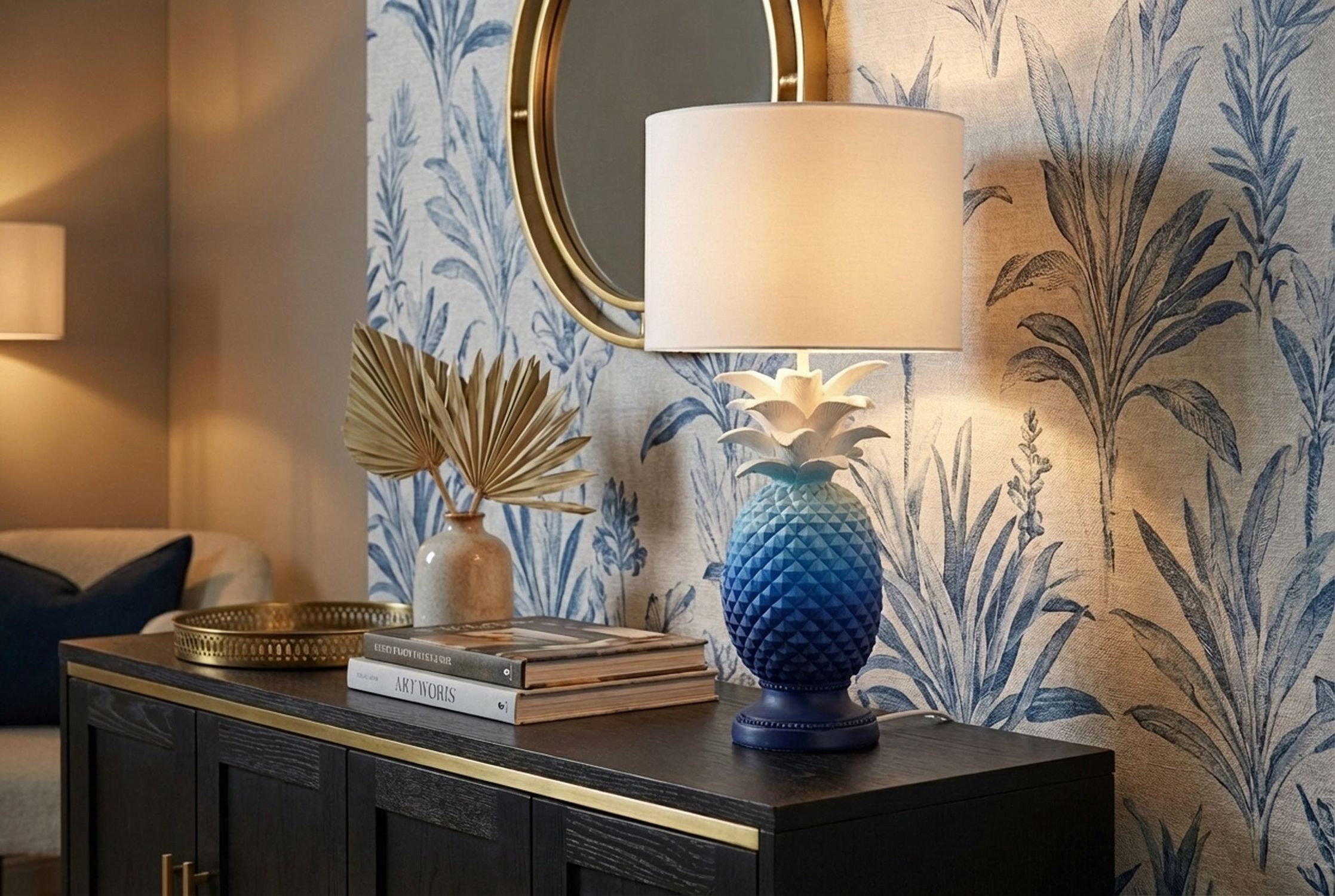 Licht-Erlebnisse Nachttischlampe AILSA, ohne Leuchtmittel, Blau Weiß 47 cm hoch Ananas Design Polyresin Stoff E27 Modern