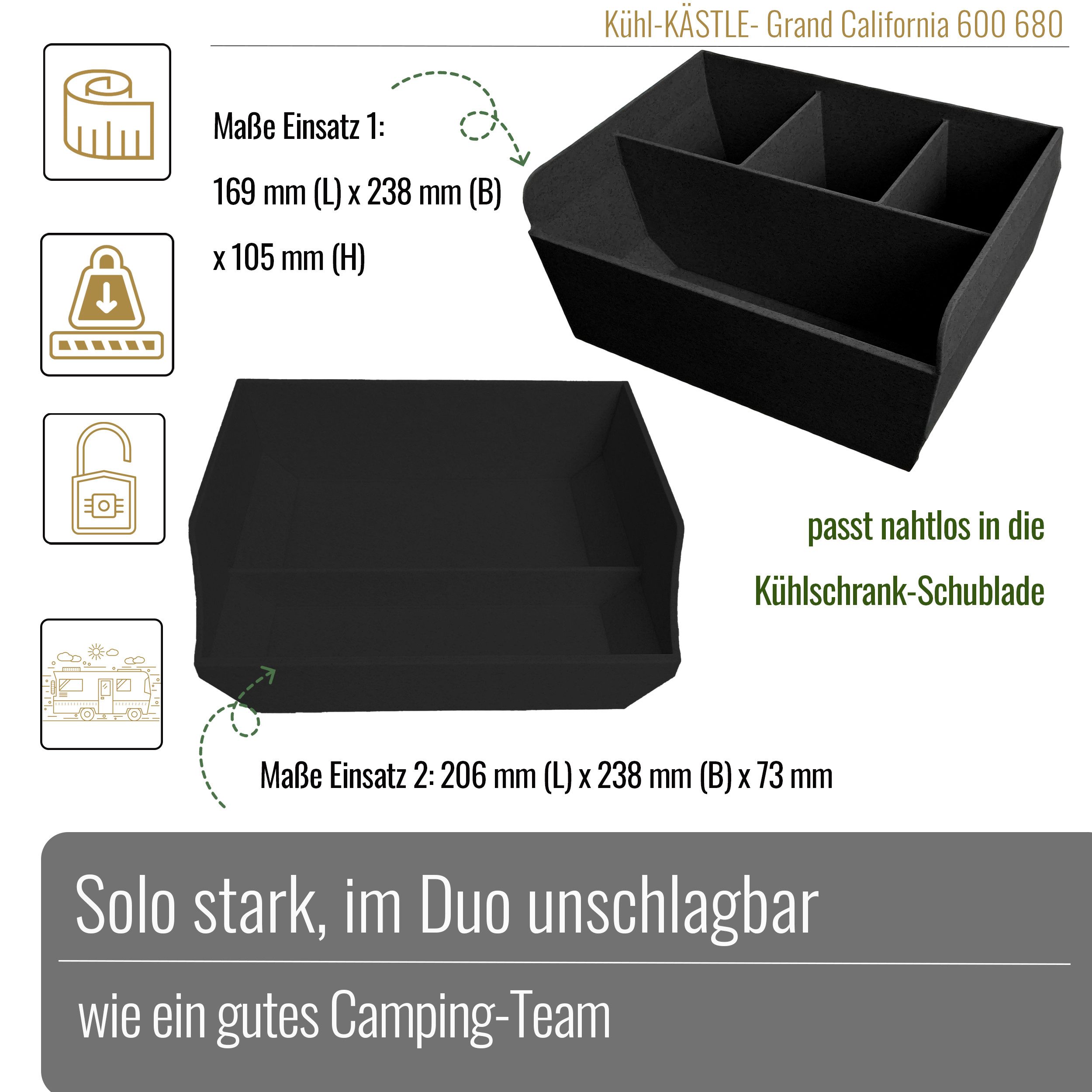 BLACK FOREST FOX Campingtisch Kühl-Kästle Kühlschrankeinsatz 2er Set für VW GC 600/680 Schwarz (1-St), aus PLA Kunststoff für eine stilvolle Optik