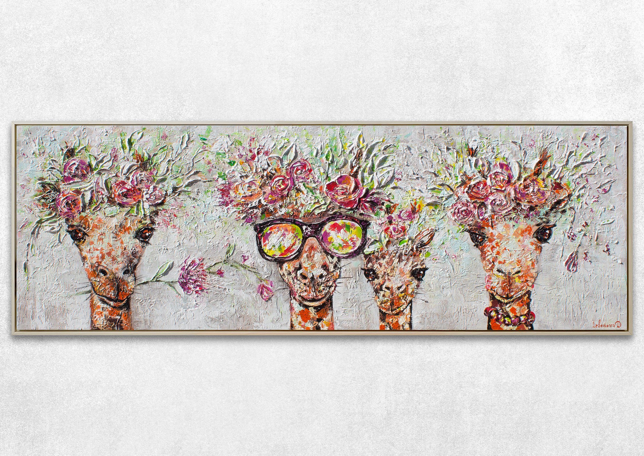 YS-Art in Mit Giraffen, Leinwand Braun Giraffen Brille Bunte Bild Blumen Rahmen Gemälde Tierbilder, Beige Handgemalt