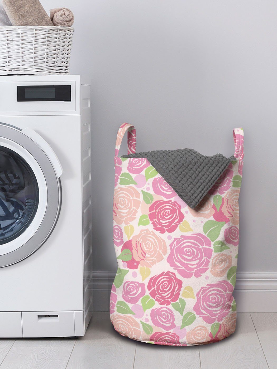 mit Wäschekorb für Rose Abakuhaus Romantische Kordelzugverschluss Wäschesäckchen Blumen-Tupfen Waschsalons, Griffen
