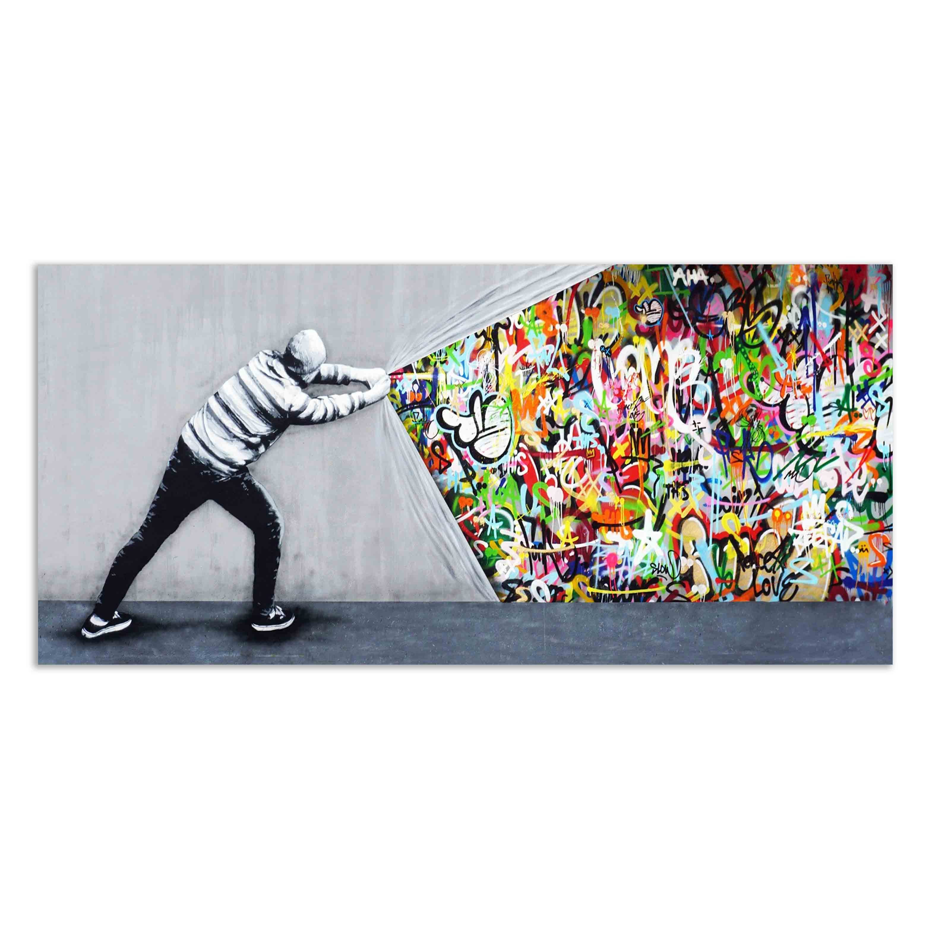 Leinwando Leinwandbild banksy bilder Graffiti Kunst Hinter Dem Vorhang Street  Art Leinwand /fertig zum aufhängen