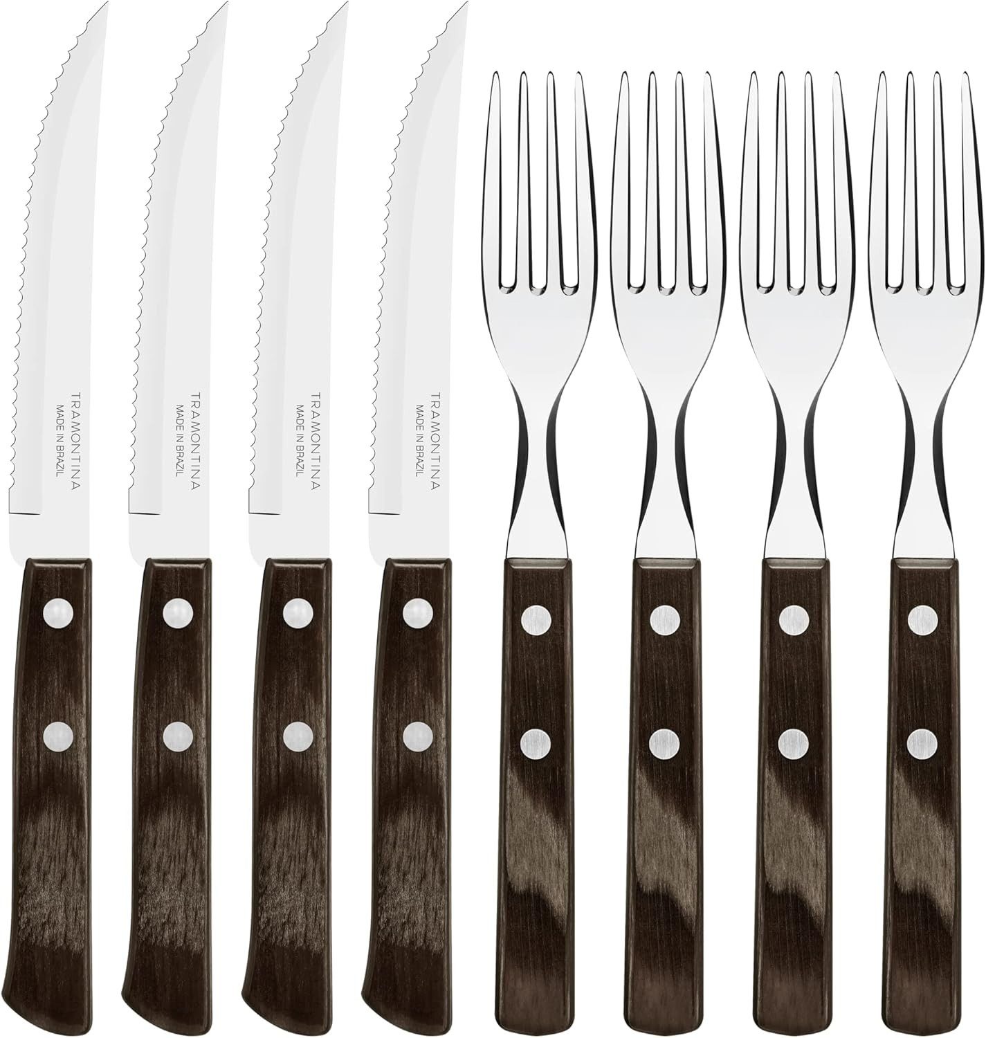Holz Lichter Steakbesteck Tramontina Steakgabel Steakmesser Set rostfreier Edelstahl, Holzgriff (8-tlg), 4 Personen, Edelstahl, FSC zertifiziert, rostfrei, spülmaschinenfest