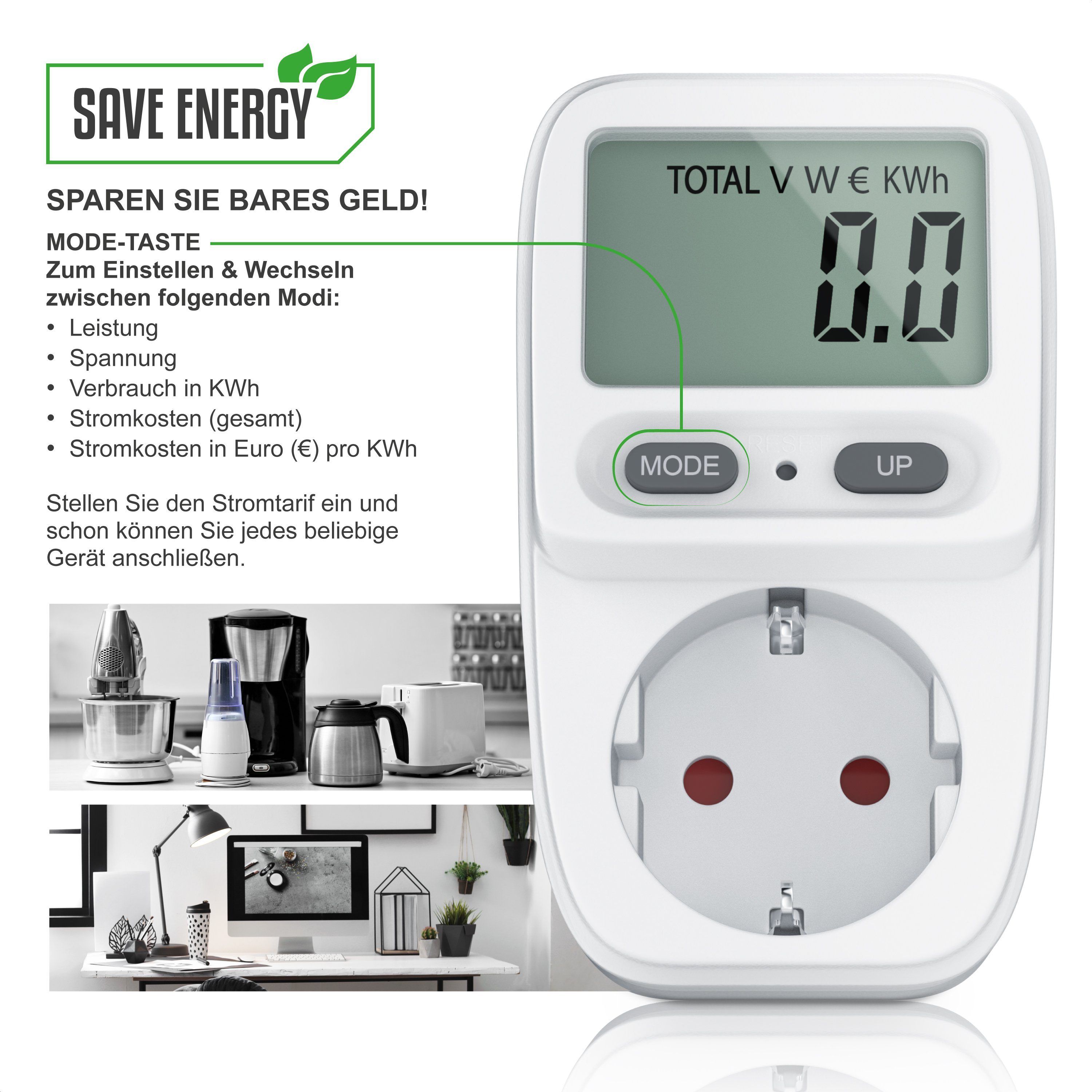 BEARWARE Energiekostenmessgerät Stromverbrauchszähler mit Kindersicherung, Power Meter, Stromkostenmessgerät, Standby Messung ab 0,2W, 3680W, Berührungsschutz