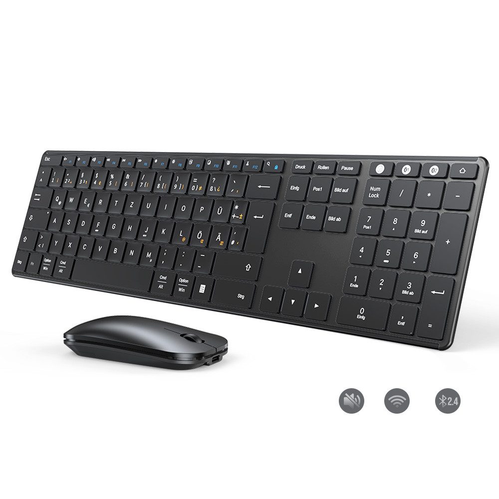 Seenda SKM64-3 Bluetooth Tastatur Maus Set für 3 Geräte QWERTZ Tastatur- und Maus-Set, (Set, 2 St., Ultradünne Leise Tastatur Maus Set kabellos), Dualmodus, Aufladbar und aus Metall