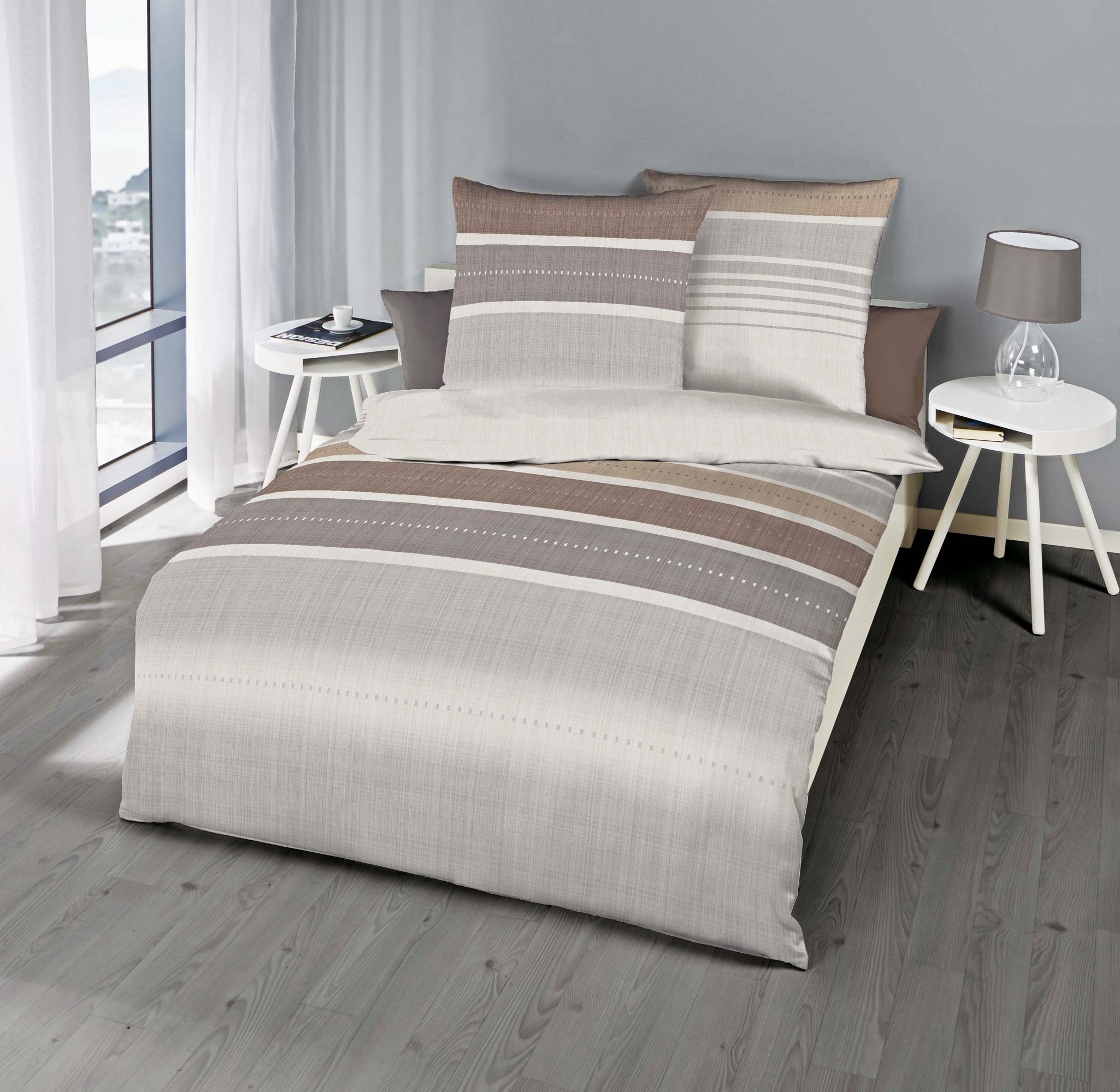 JACK Bettwäsche Structure Nougat Streifen Grau Beige Kaeppel, Biber, 2 teilig, wunderschöne, dezente Optik, besonders atmungsaktiv, hautfreundlich – Bild 2 von 5