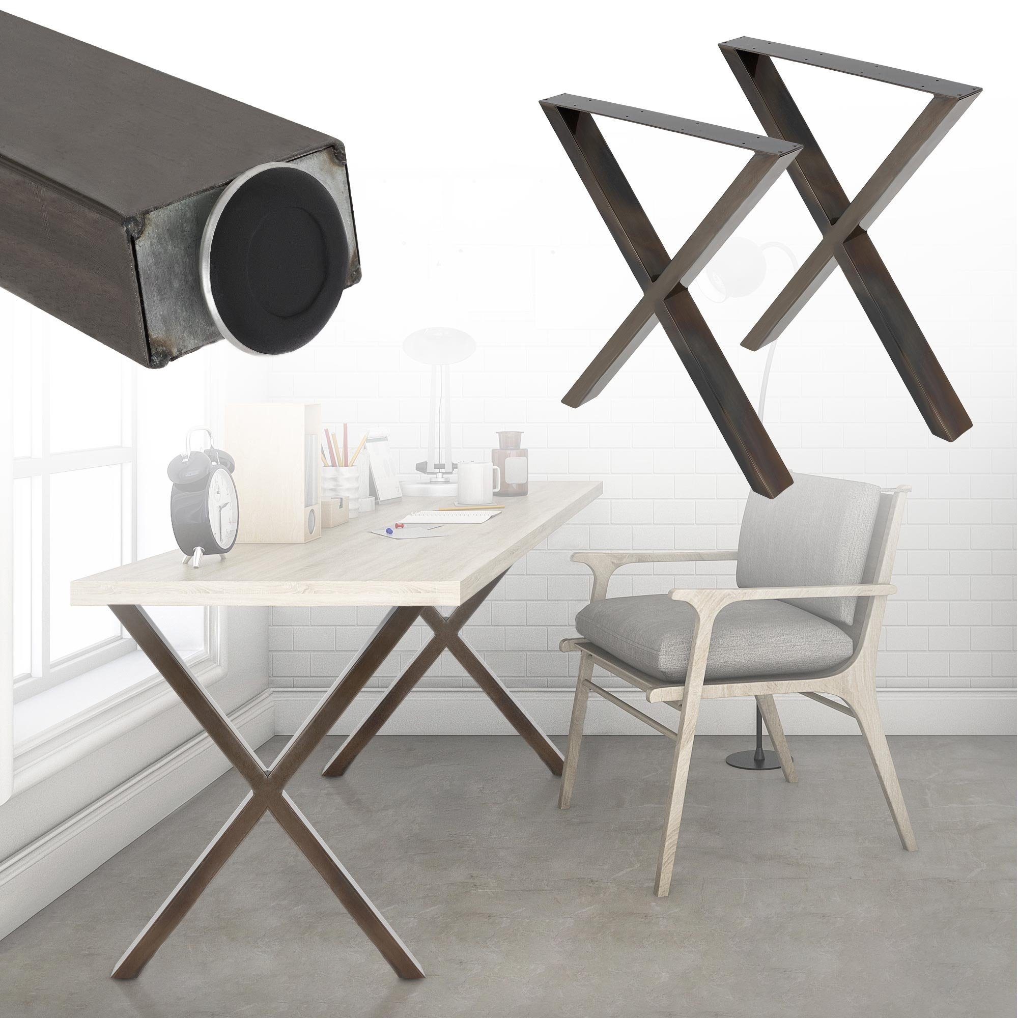 X-Form Tischbein Tischuntergestell Tischgestell 60x73cm 2er X-Design Möbelfüße, Tischkufen ECD Metall Stahl Set Industriedesign Germany